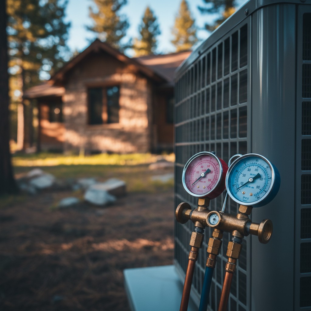 Brewer HVAC technician performing AC pressure gauge service