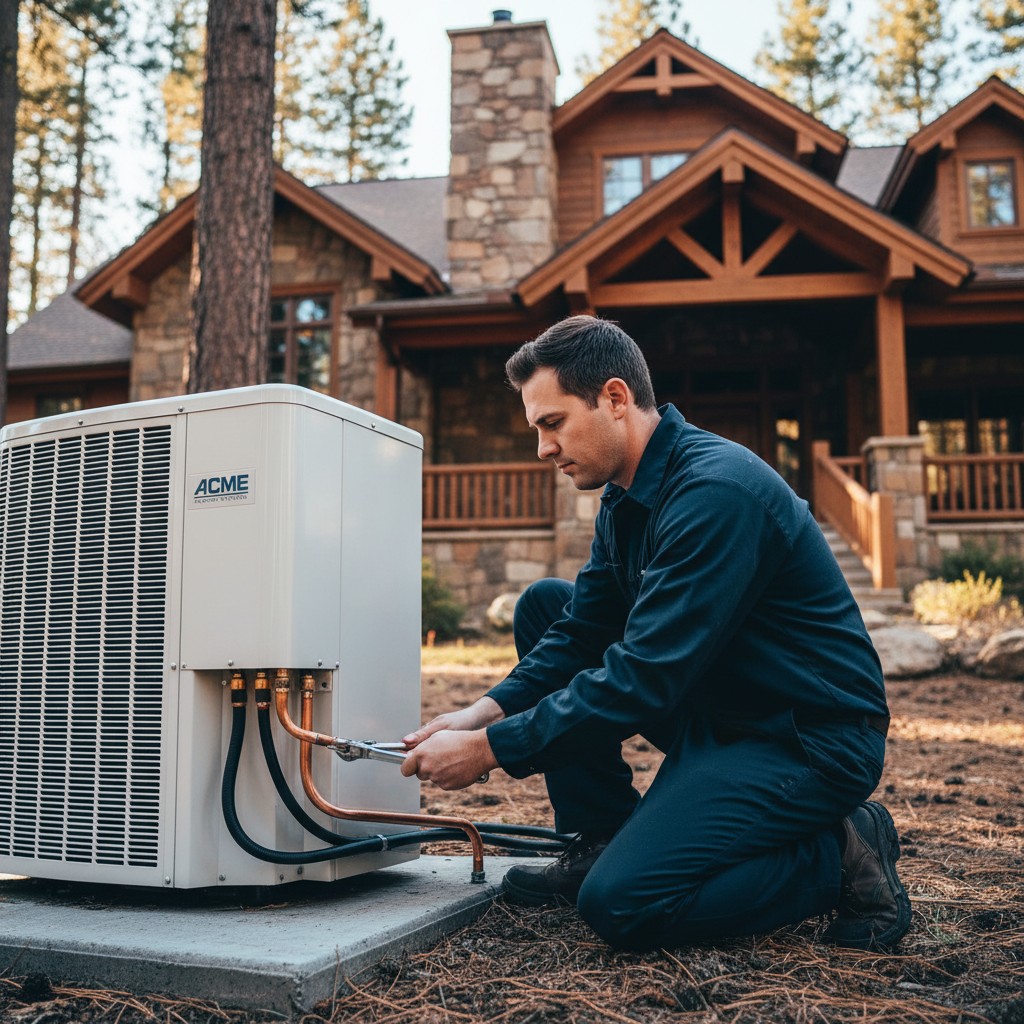 Brewer HVAC technician installing a Carrier air conditioning unit