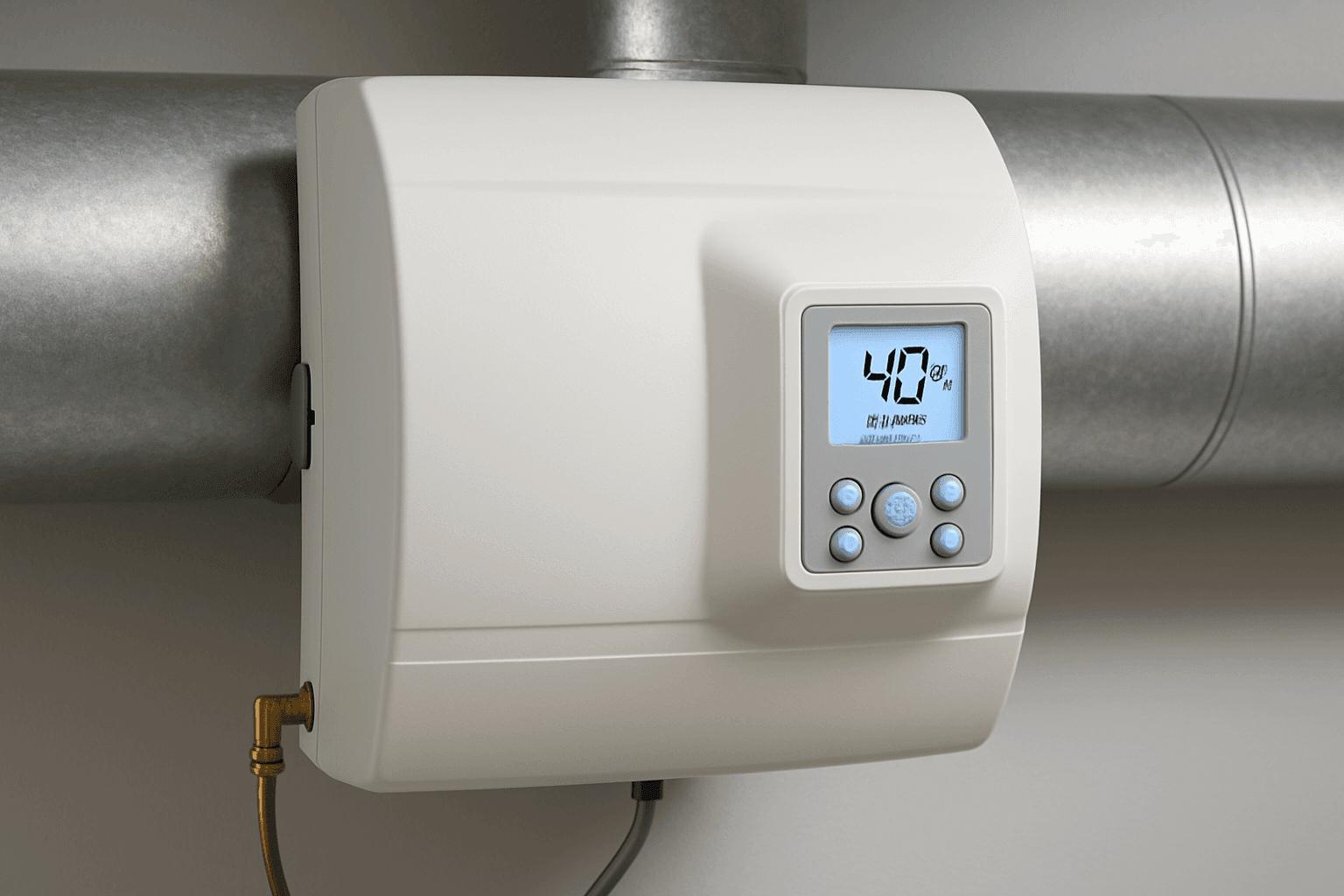 Close-up of a duct-mounted humidifier with a digital display showing humidity level at 40 percent.