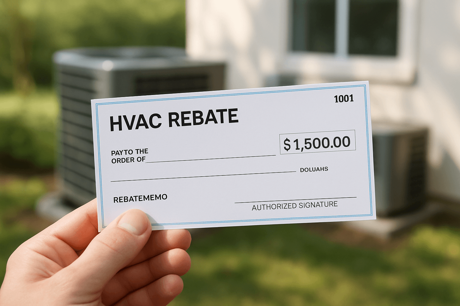 Hand holding an HVAC rebate check for $1,500 with outdoor units in the background.