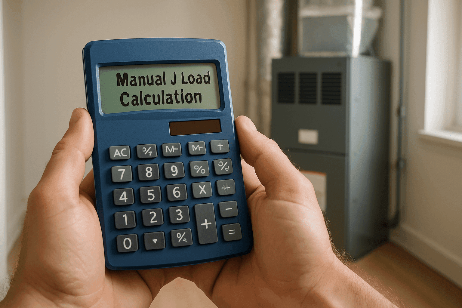 Calculator screen displaying "Manual J Load Calculation" with HVAC equipment in the background.