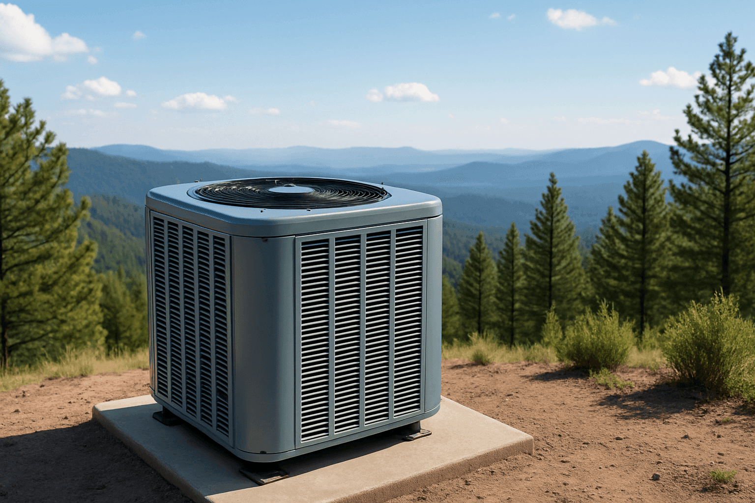 Outdoor HVAC unit installed on a concrete slab, set against a scenic mountain landscape with pine trees.
