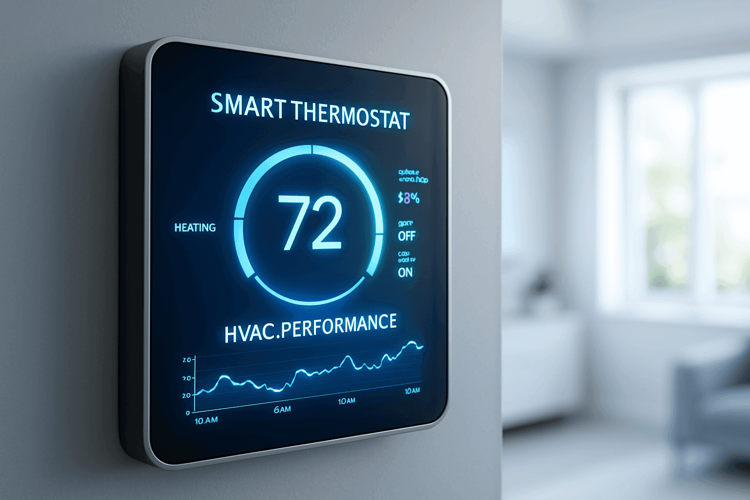 Digital smart thermostat on the wall displaying a temperature of 72 degrees and HVAC performance metrics.