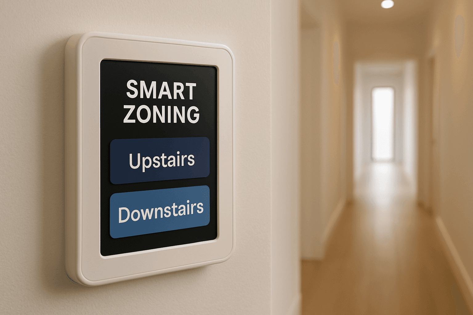 Wall-mounted smart zoning control panel with buttons for "Upstairs" and "Downstairs" zones.