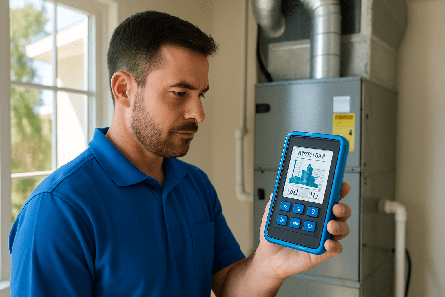 HVAC technician using a handheld diagnostic tool to check system performance near the furnace.