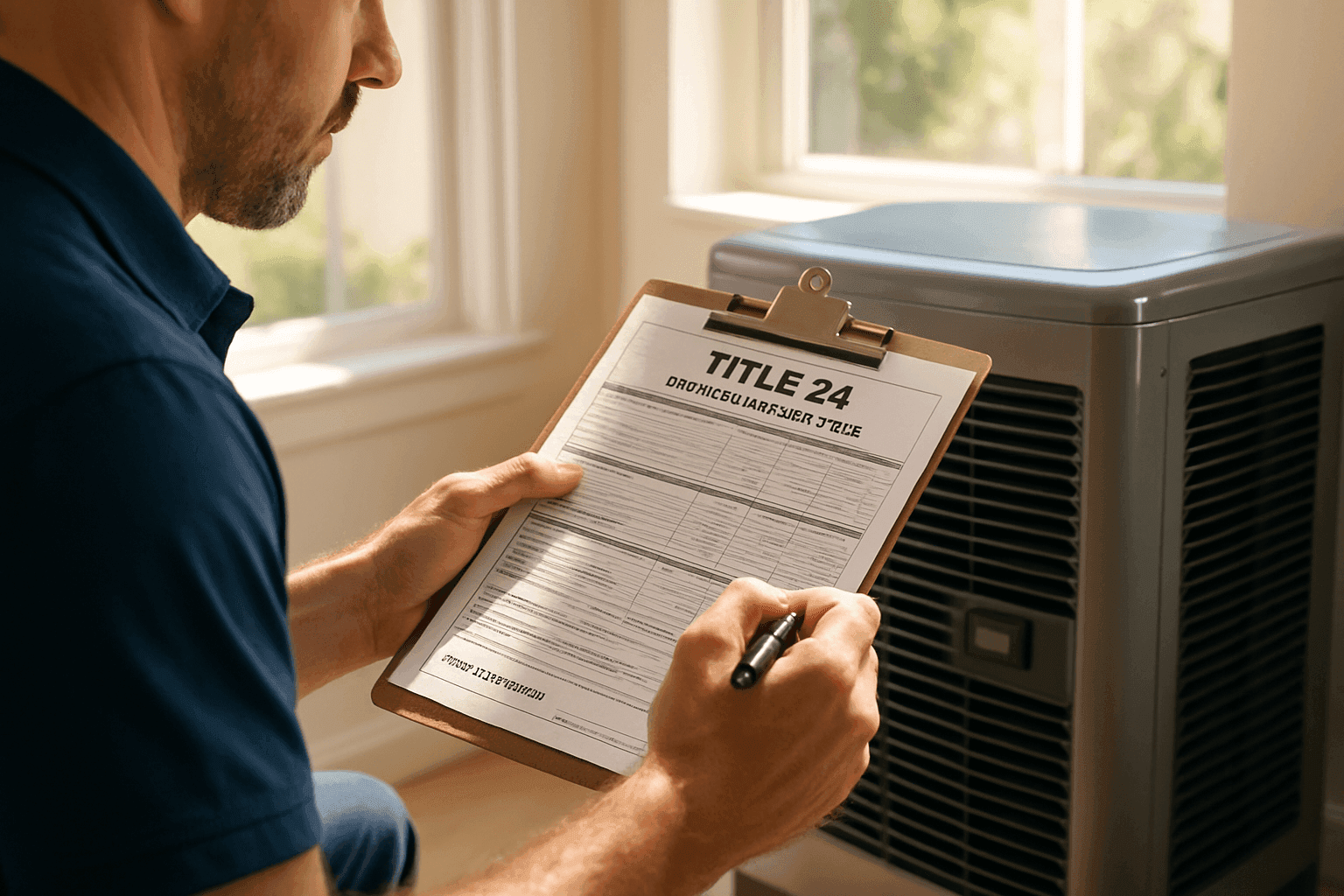 Technician filling out a Title 24 compliance form next to a residential air conditioning unit.