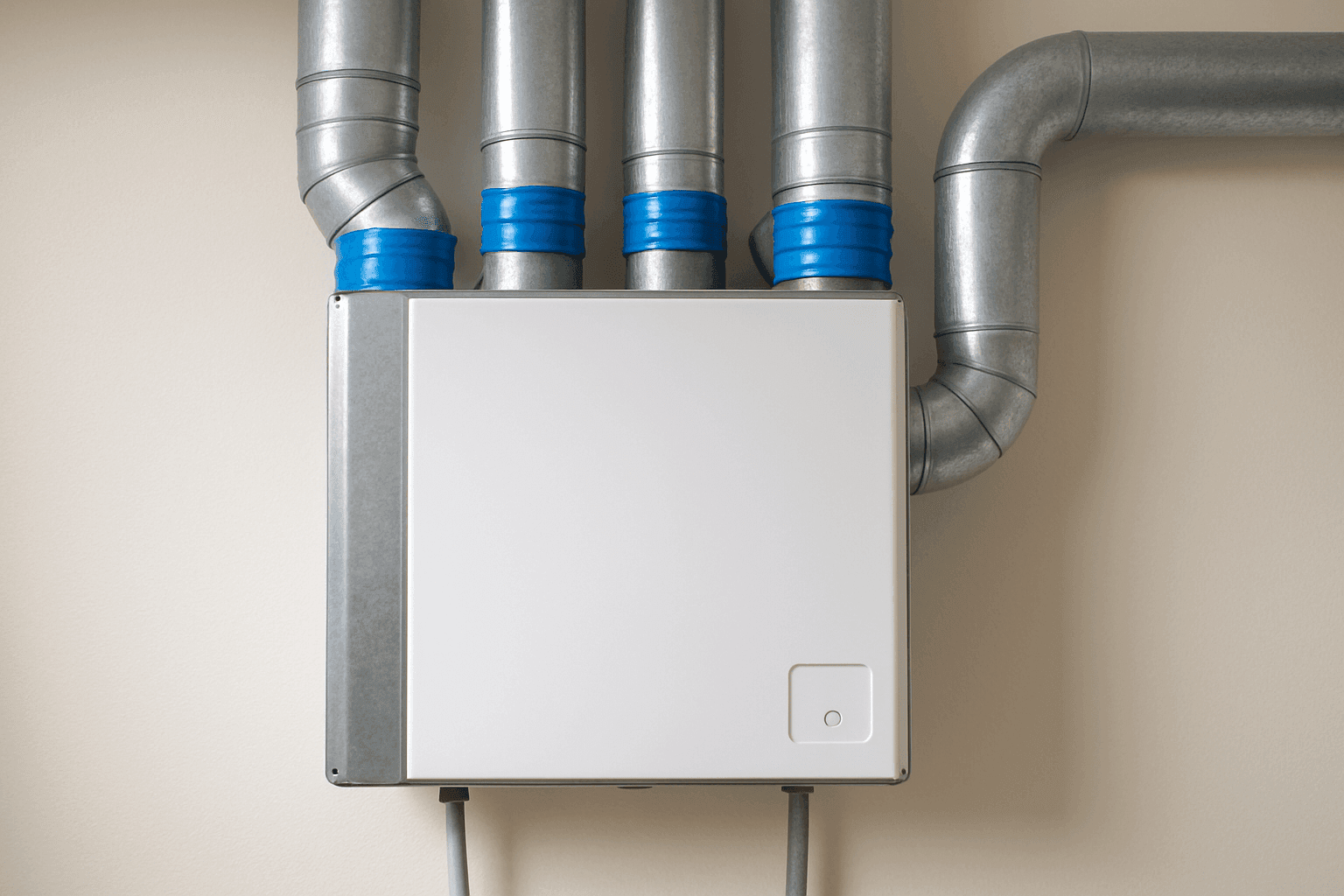 Central ventilation box connected to multiple air ducts, with blue bands marking key duct connections.