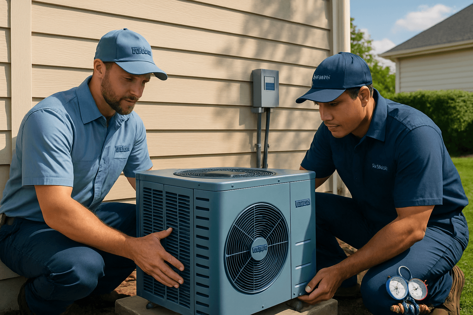 Technicians installing new AC unit outside home – AC installation Grass Valley CA