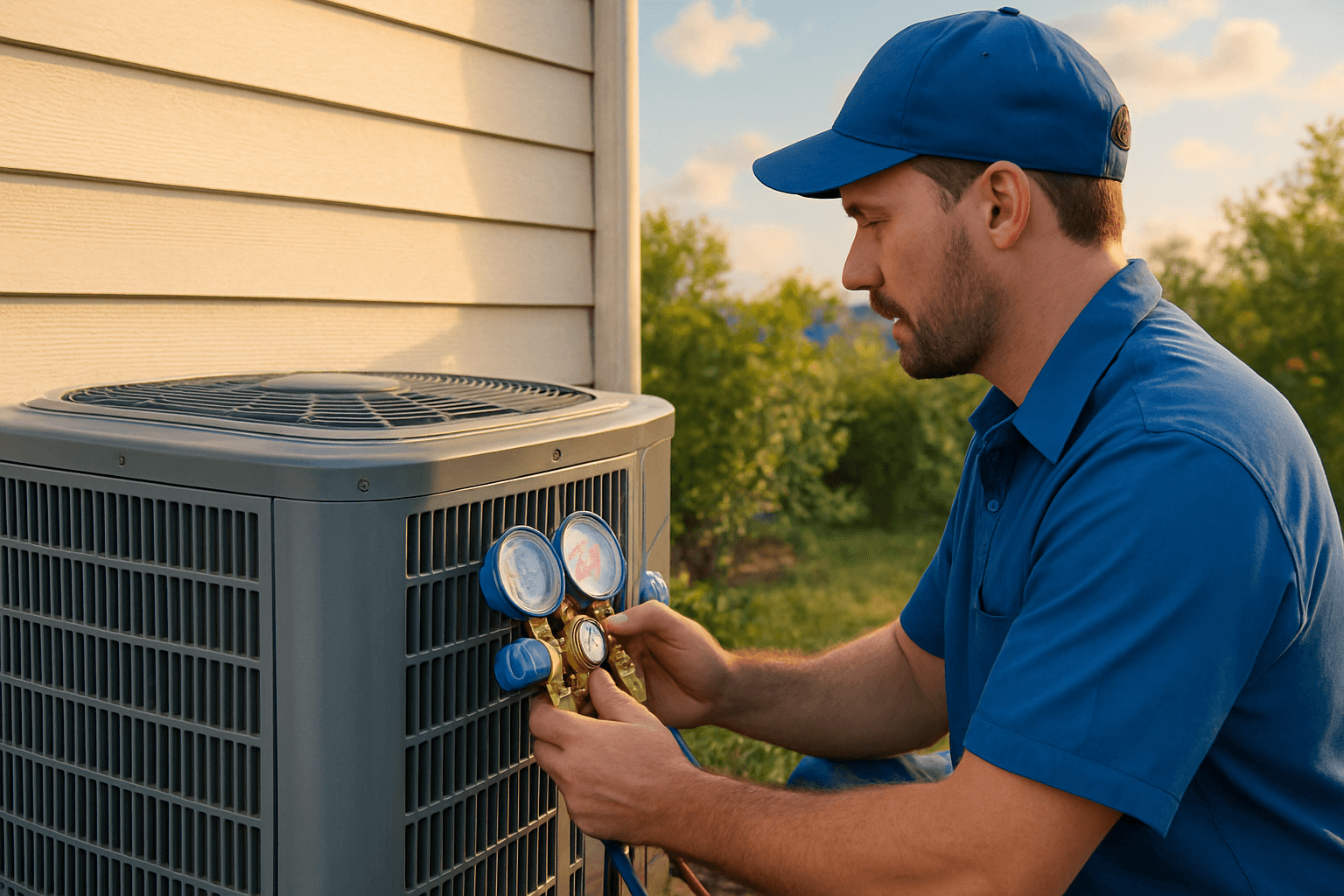 Technician using gauges to inspect AC – AC repair Grass Valley CA