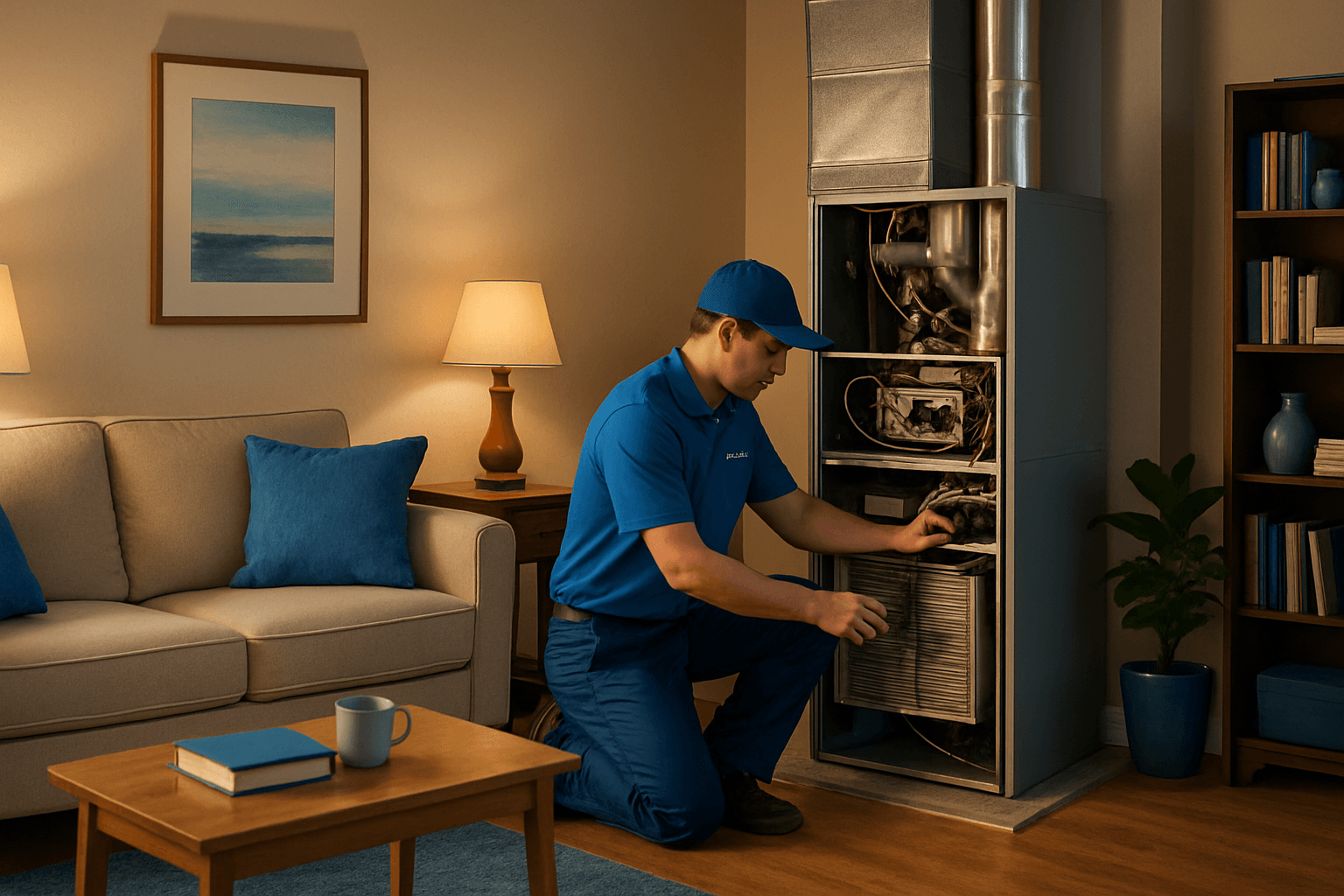 HVAC technician repairing home furnace – Carrier furnace Grass Valley