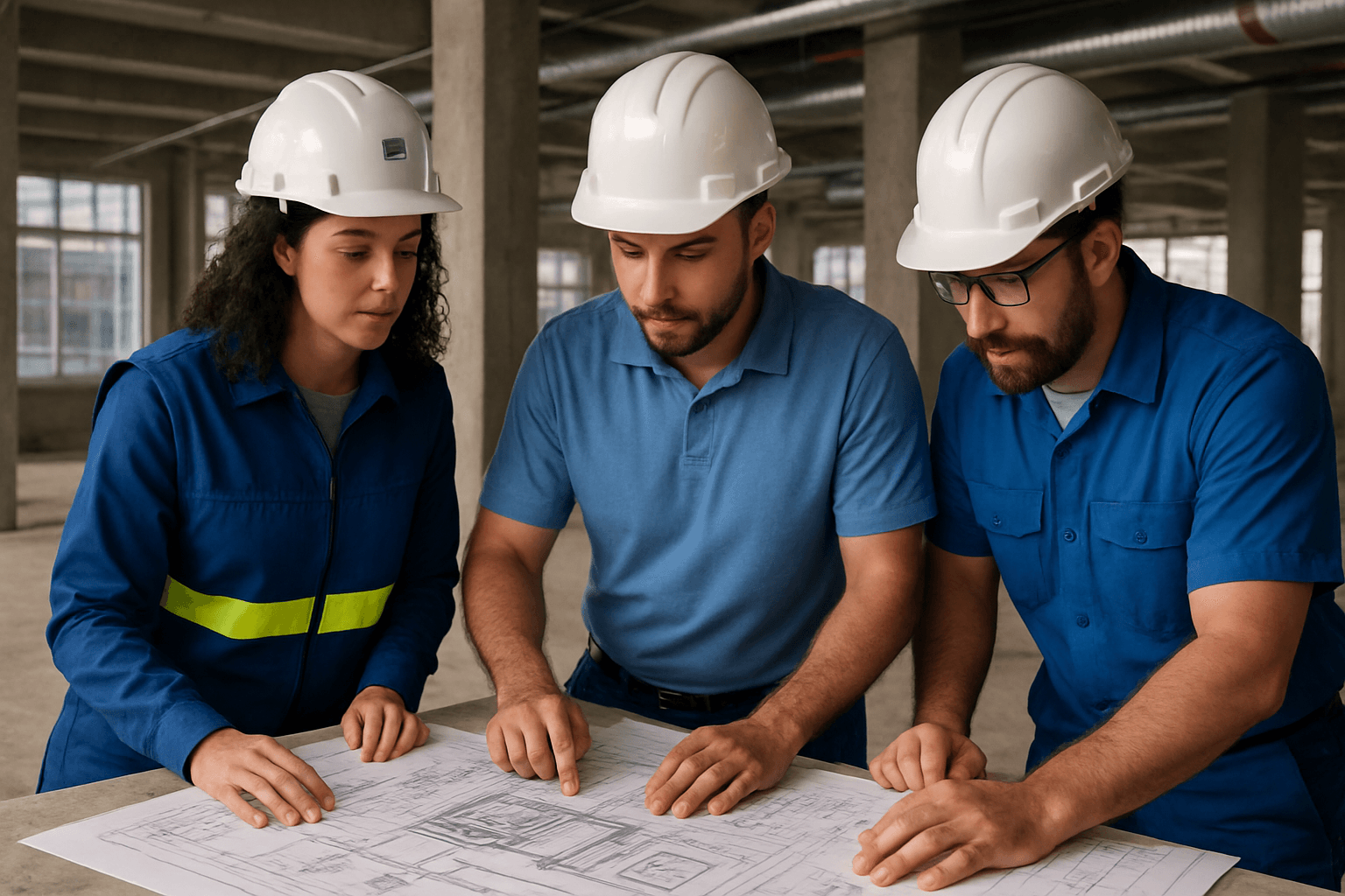Engineers reviewing HVAC blueprints onsite – commercial design-build HVAC