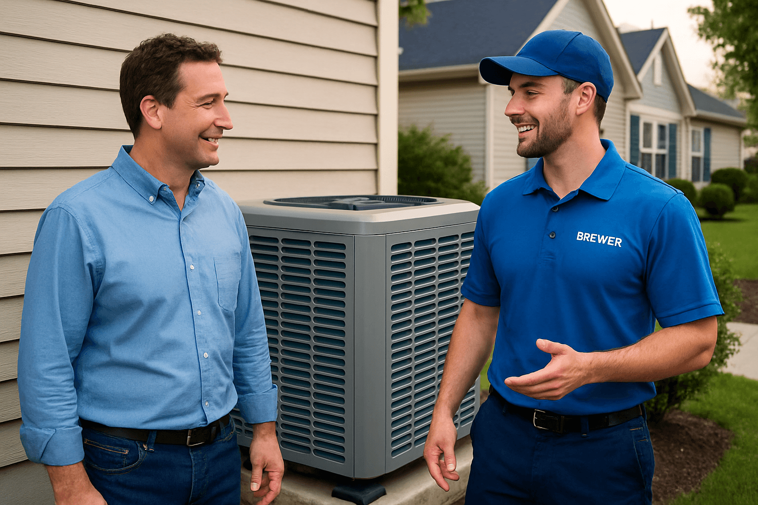 Technician and homeowner discussing outdoor unit – heat pump replacement Grass Valley CA