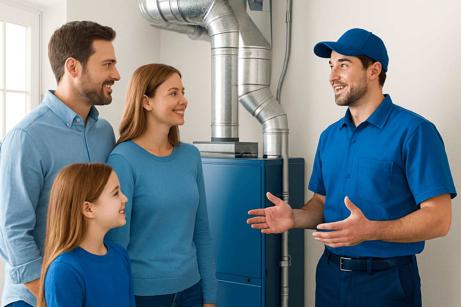 HVAC technician explaining ductwork to family – HVAC Grass Valley CA