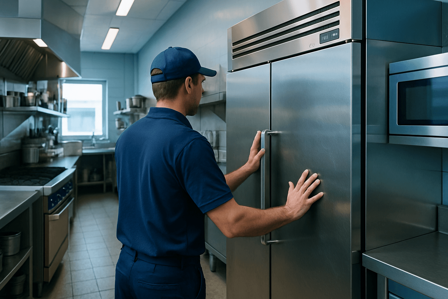 Technician inspecting a commercial fridge – refrigeration Grass Valley