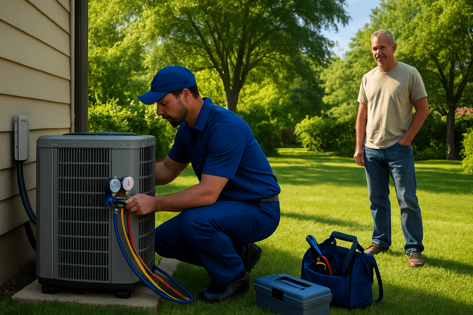 Technician performing summer AC service with homeowner – AC repair Grass Valley CA
