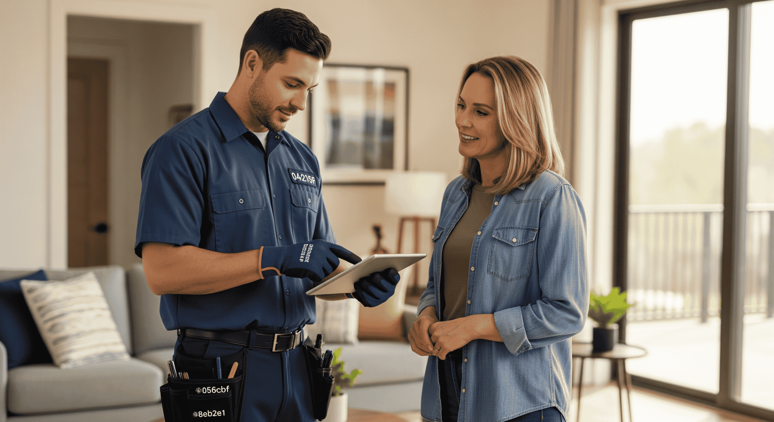 Technician consulting customer about AC repair.