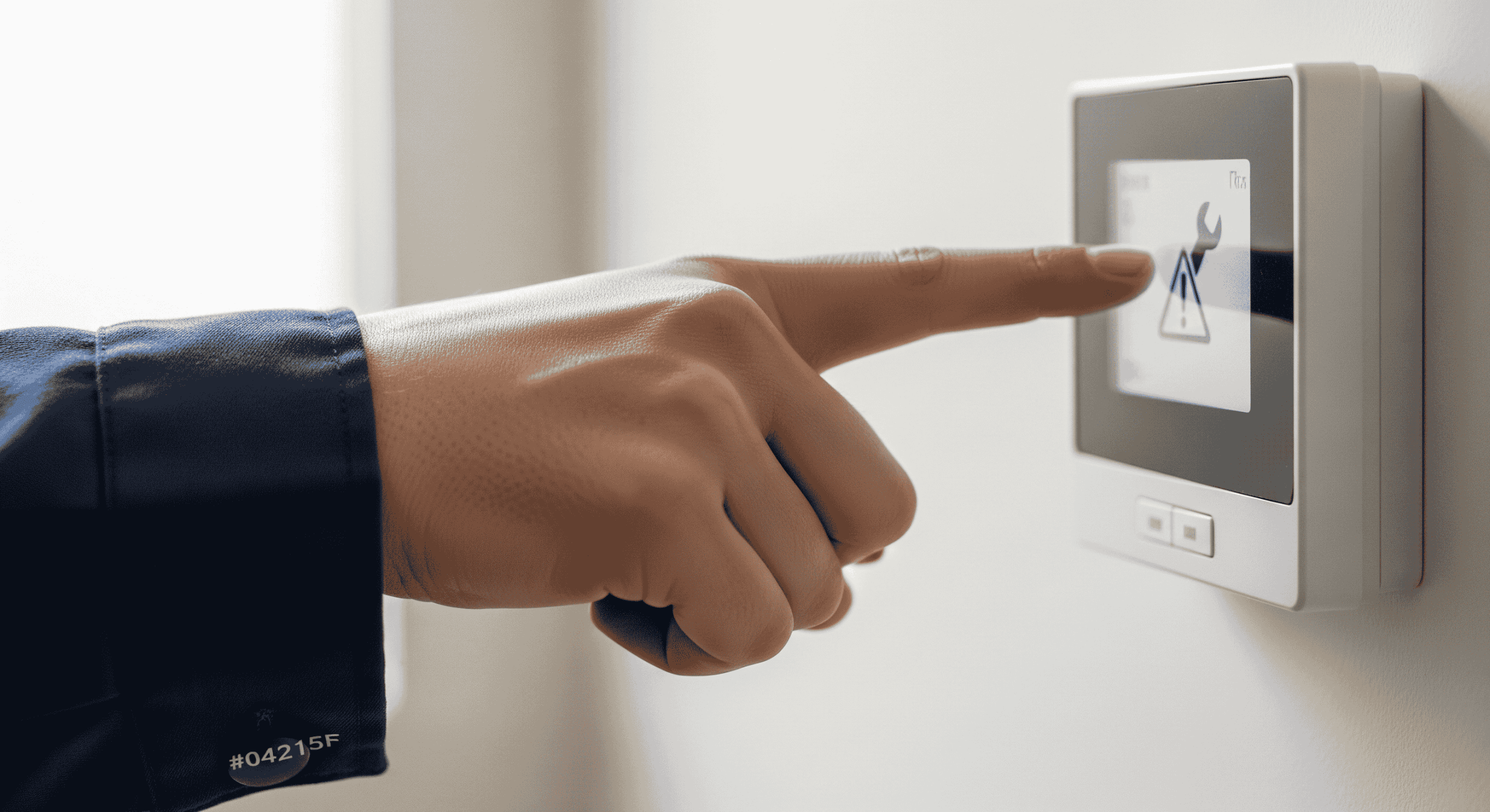 Hand pressing thermostat with error icon.