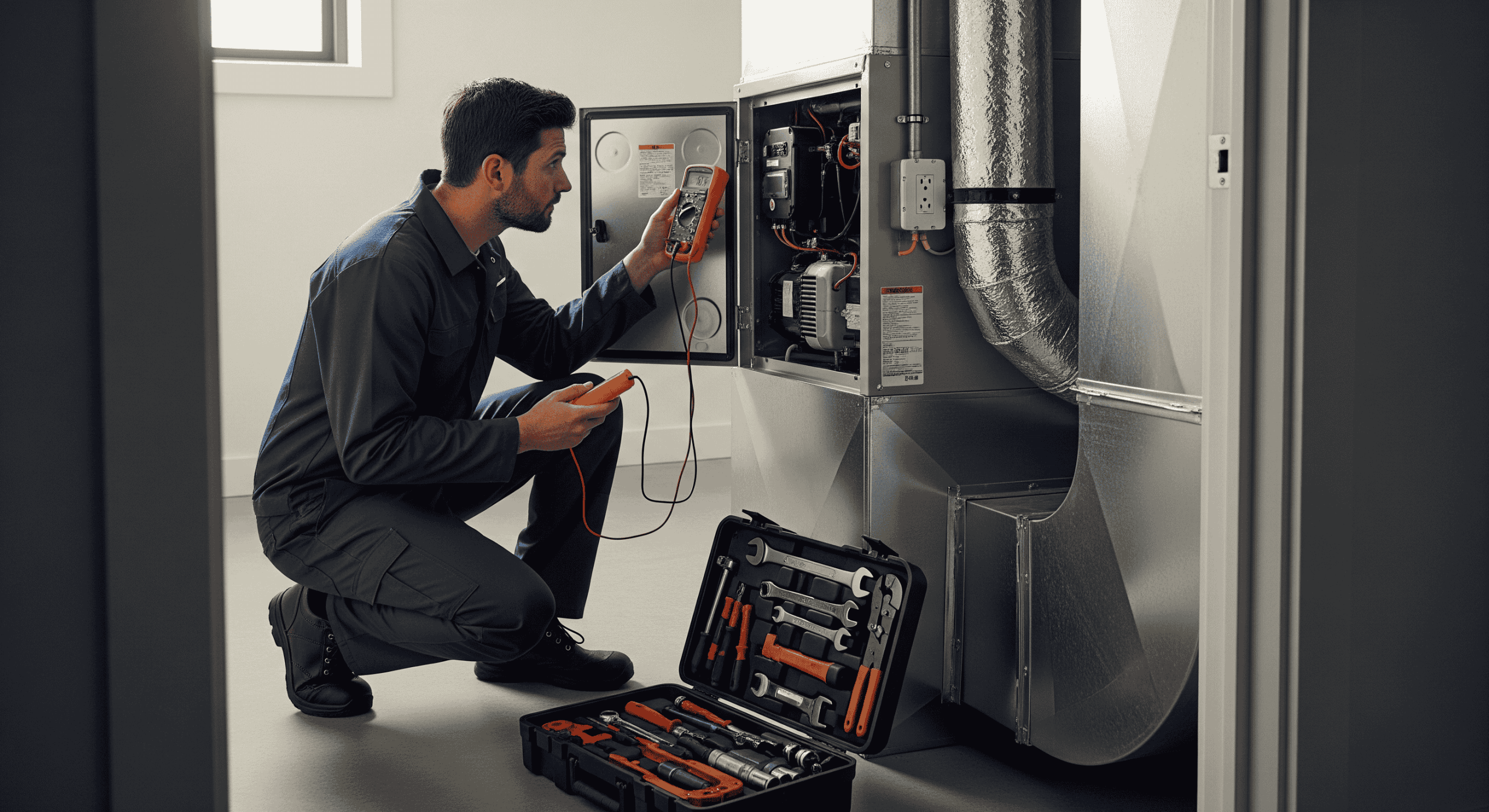 Technician testing HVAC system with tools.