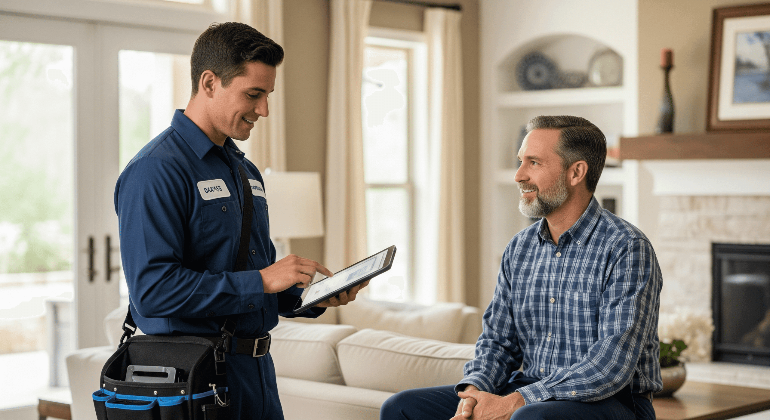 HVAC technician consulting homeowner using a tablet.