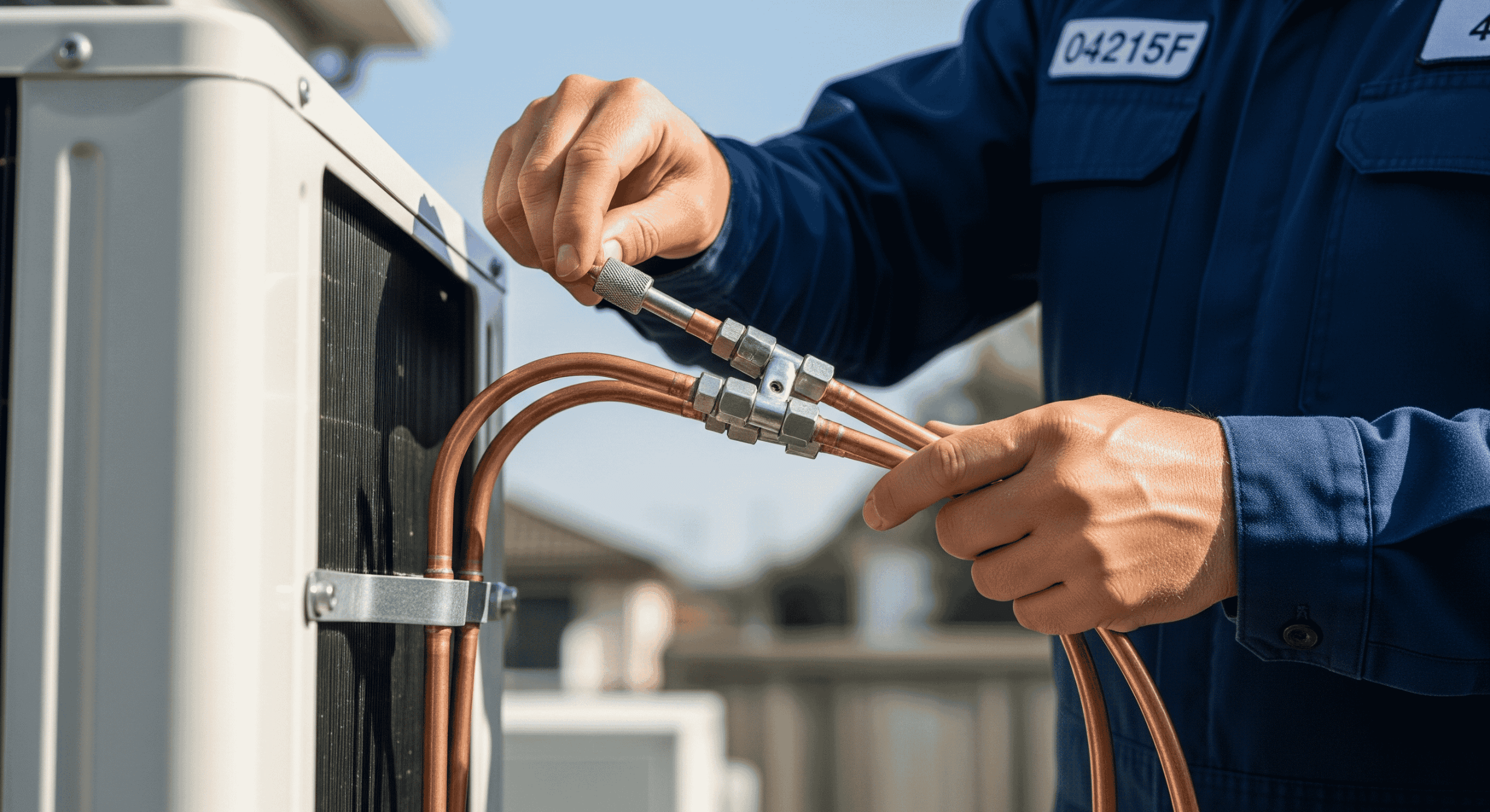 Technician connecting copper lines to outdoor AC unit.