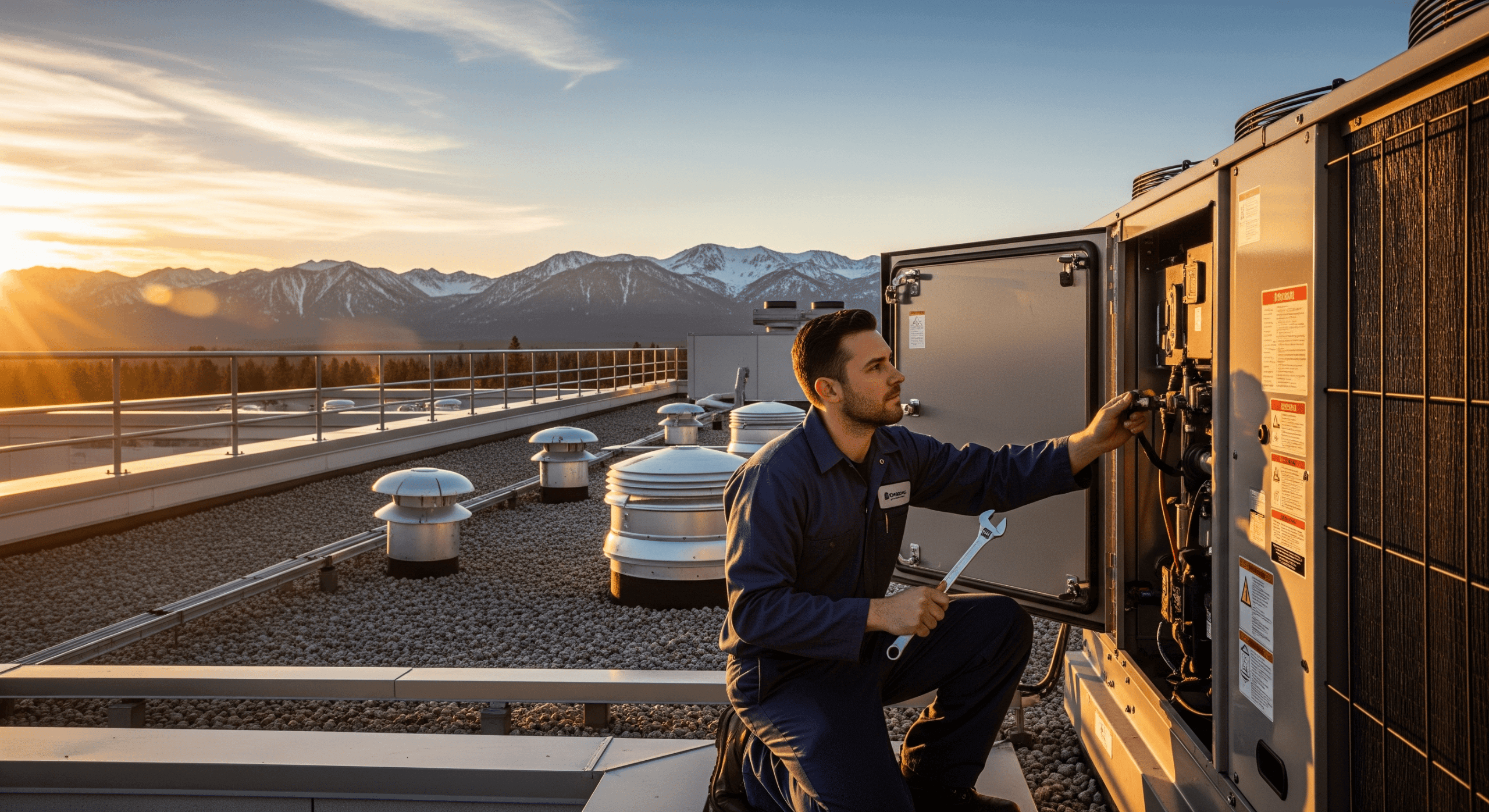 HVAC technician repairing rooftop unit at sunset in Tahoe.