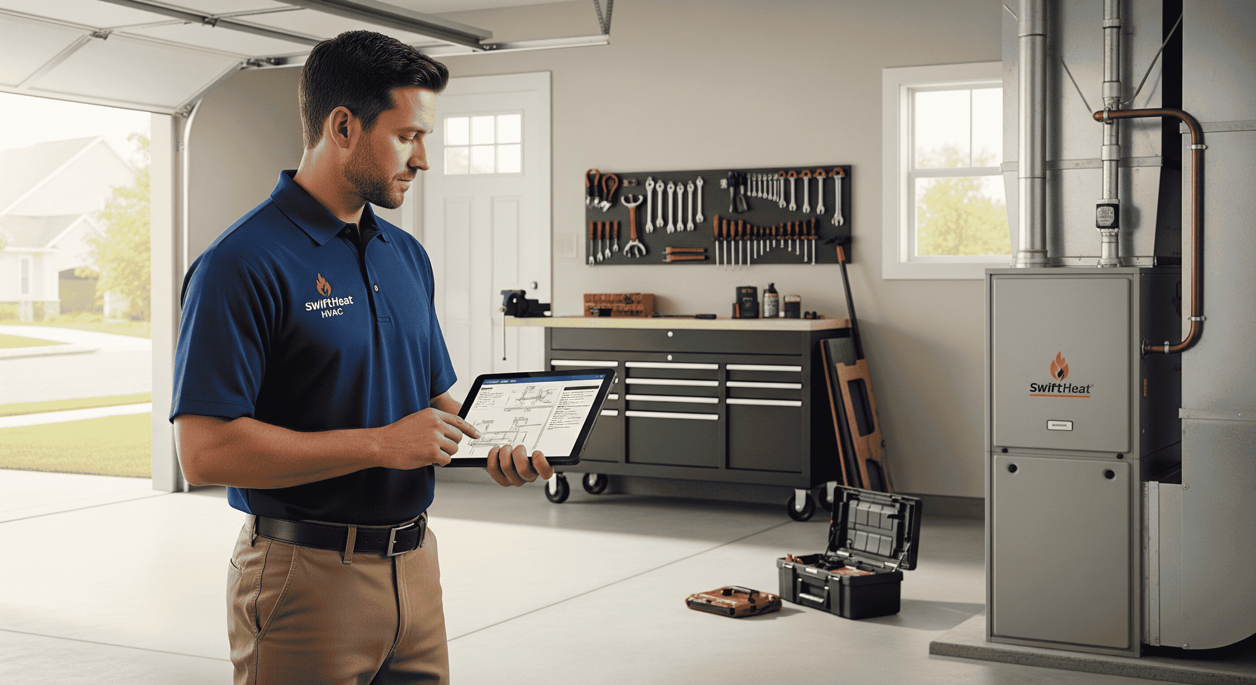 Contractor reviewing HVAC plans on tablet in garage.