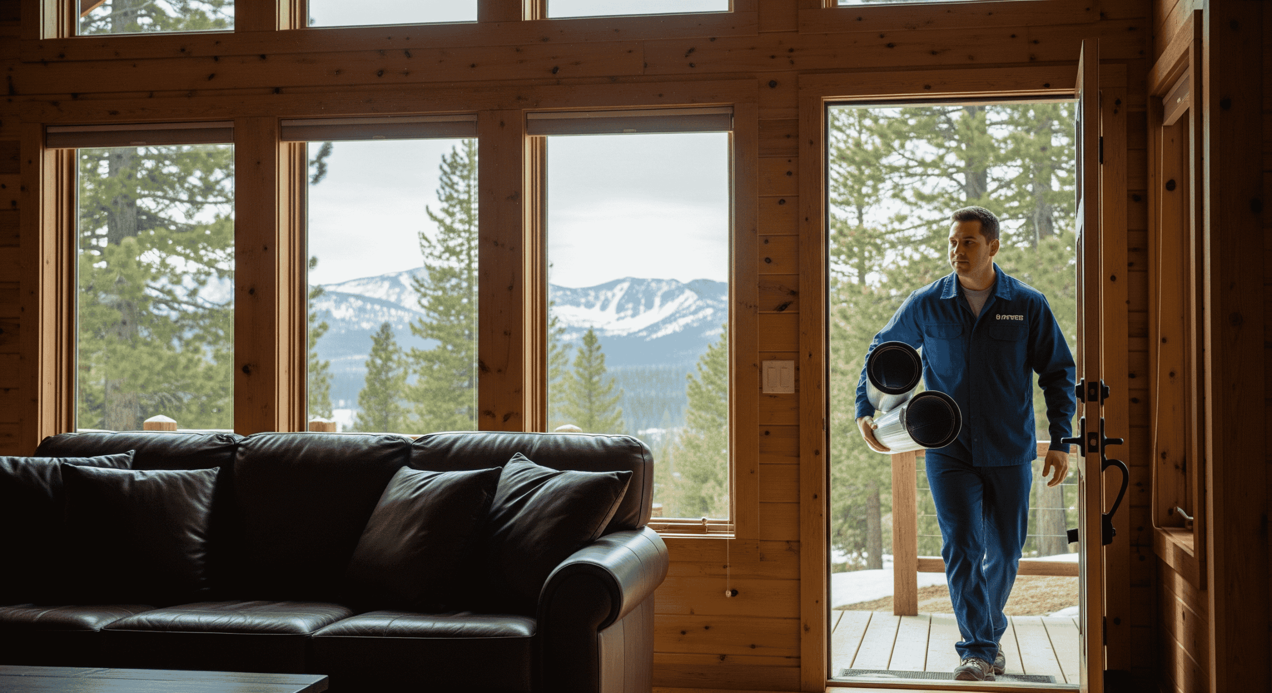 HVAC installer carrying ductwork into a Tahoe cabin.