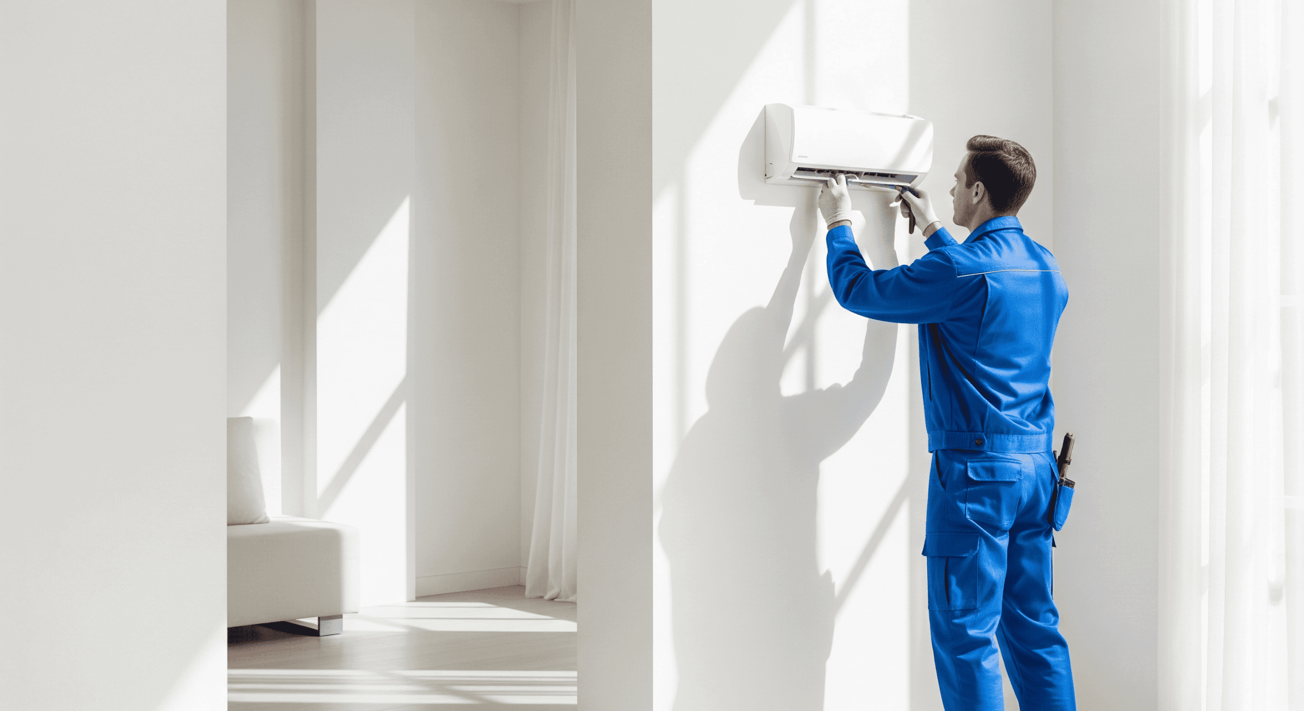 Installer fixing wall-mounted AC inside bright home.