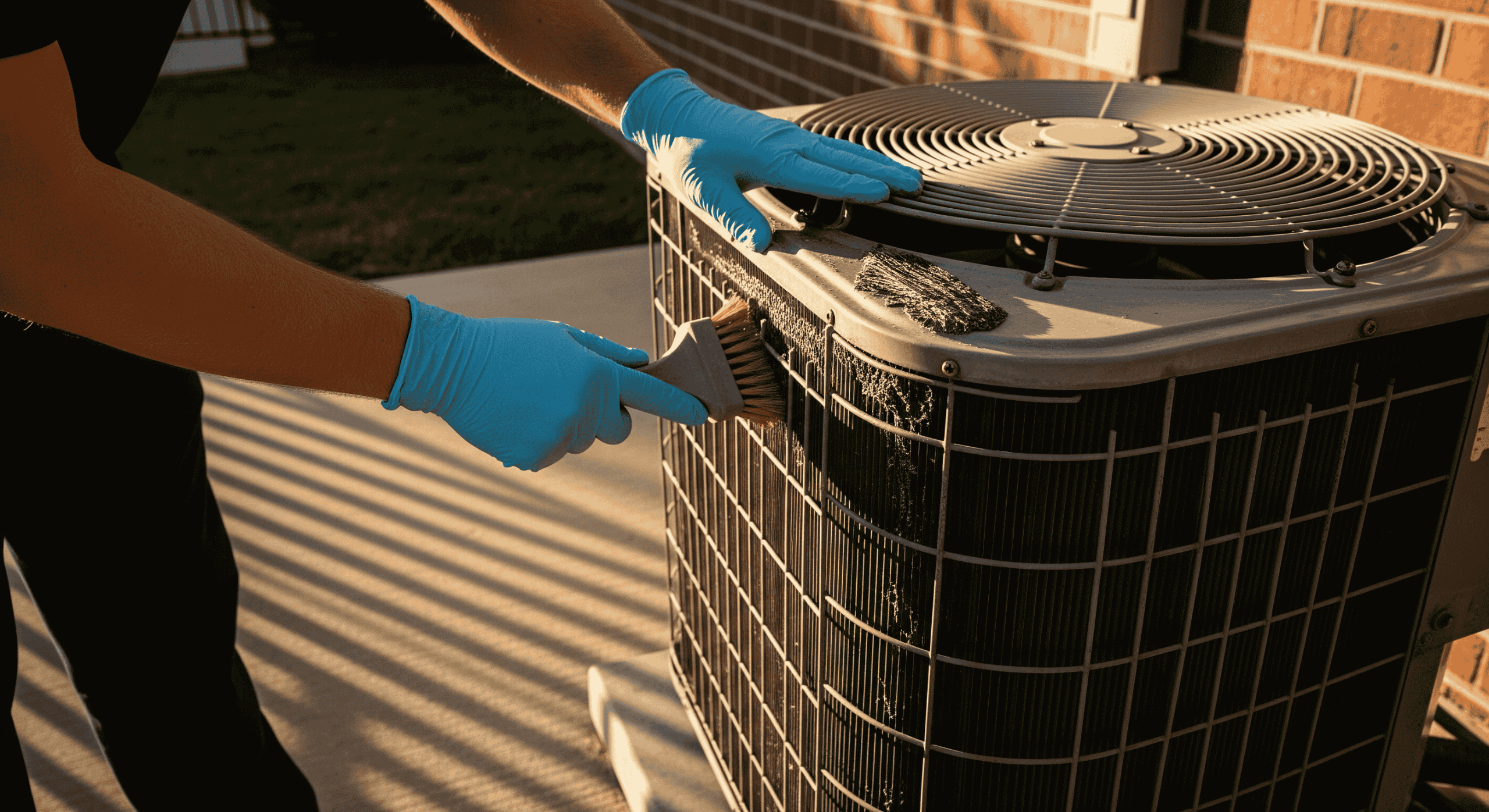 Technician cleaning outdoor AC unit with brush.