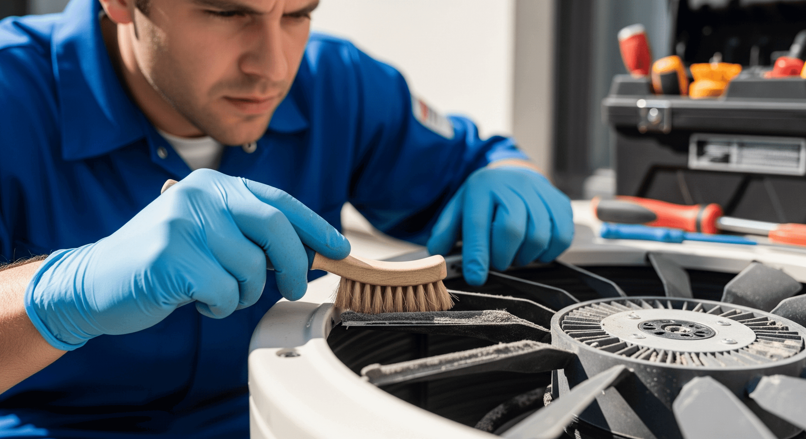 Technician cleaning AC fan with brush.