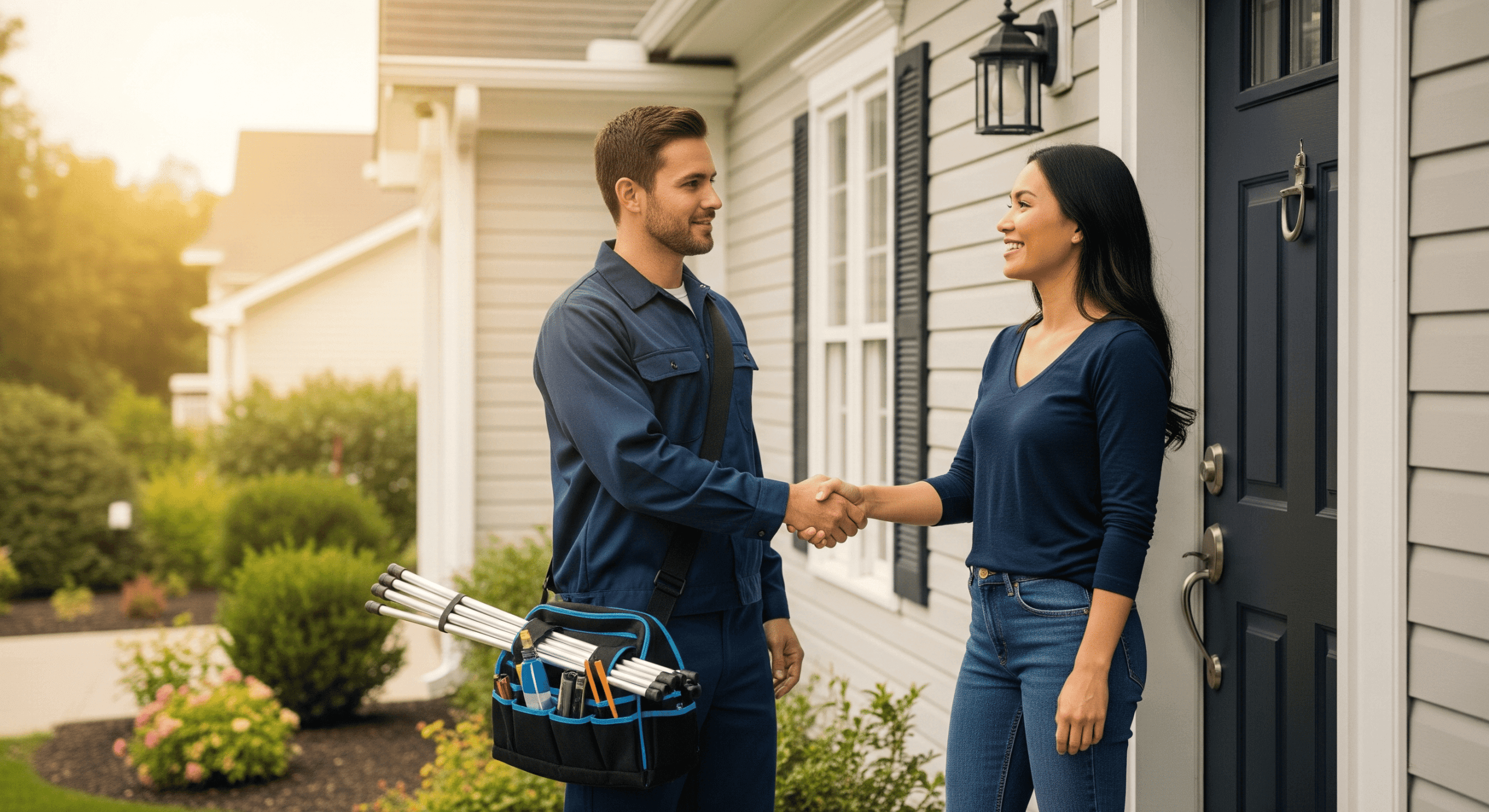 Technician shaking hands with homeowner outside house.