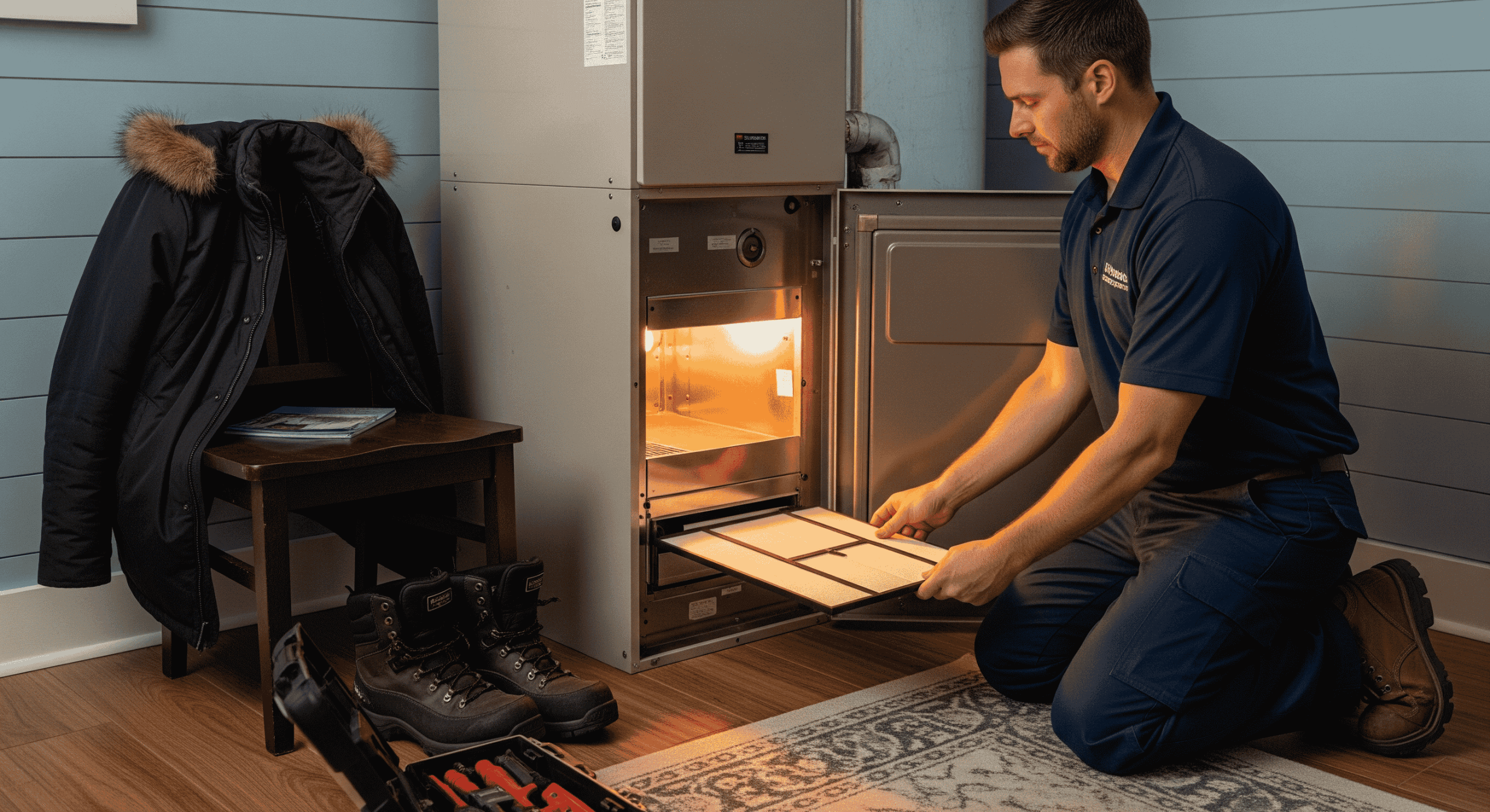 HVAC tech changing furnace filter in home.