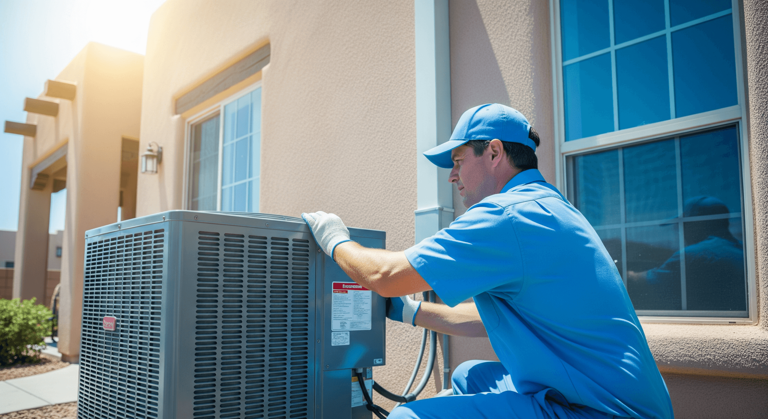 Technician installing AC unit at Albuquerque home.