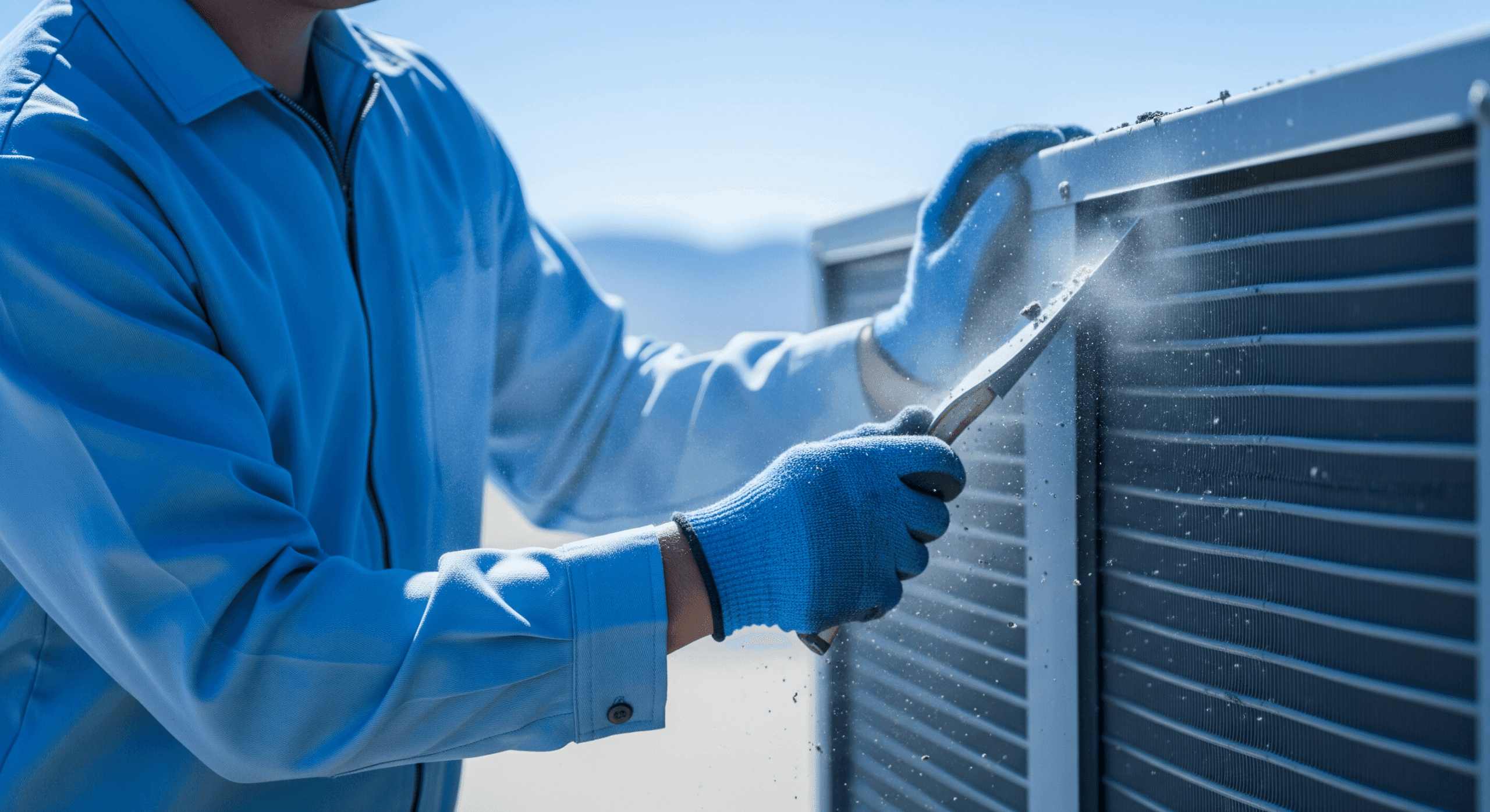 Technician cleaning a dusty HVAC unit outdoors.