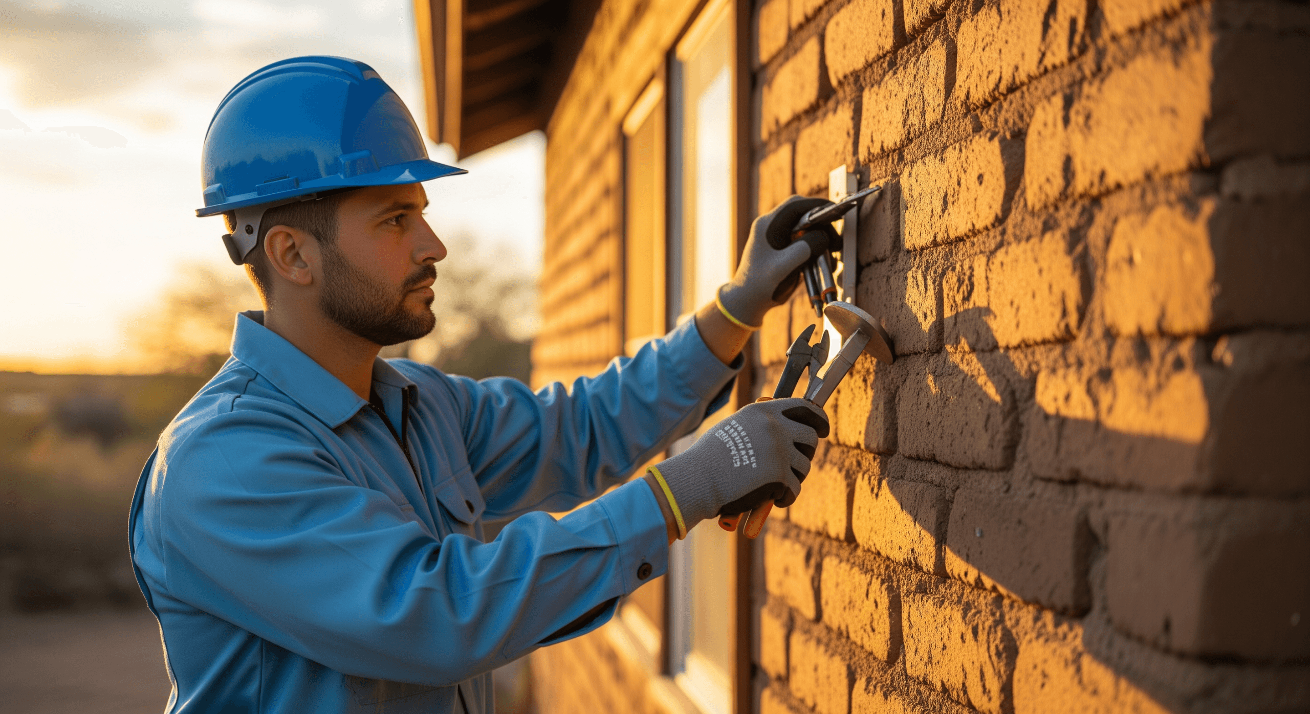 Technician working on adobe home in Albuquerque.