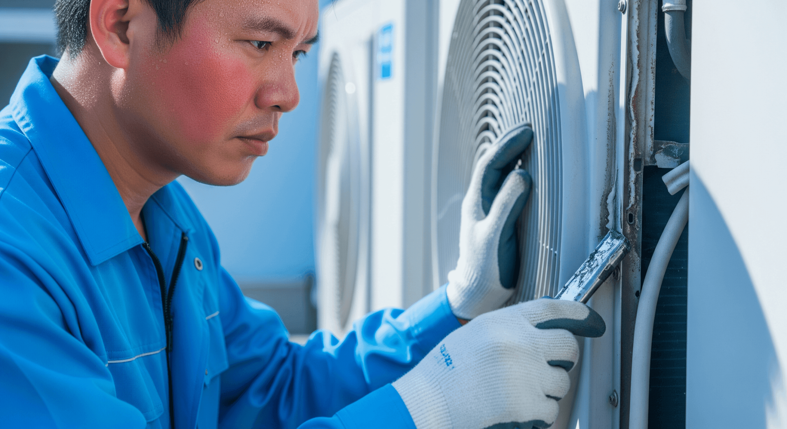 HVAC professional examining corroded unit in heat.