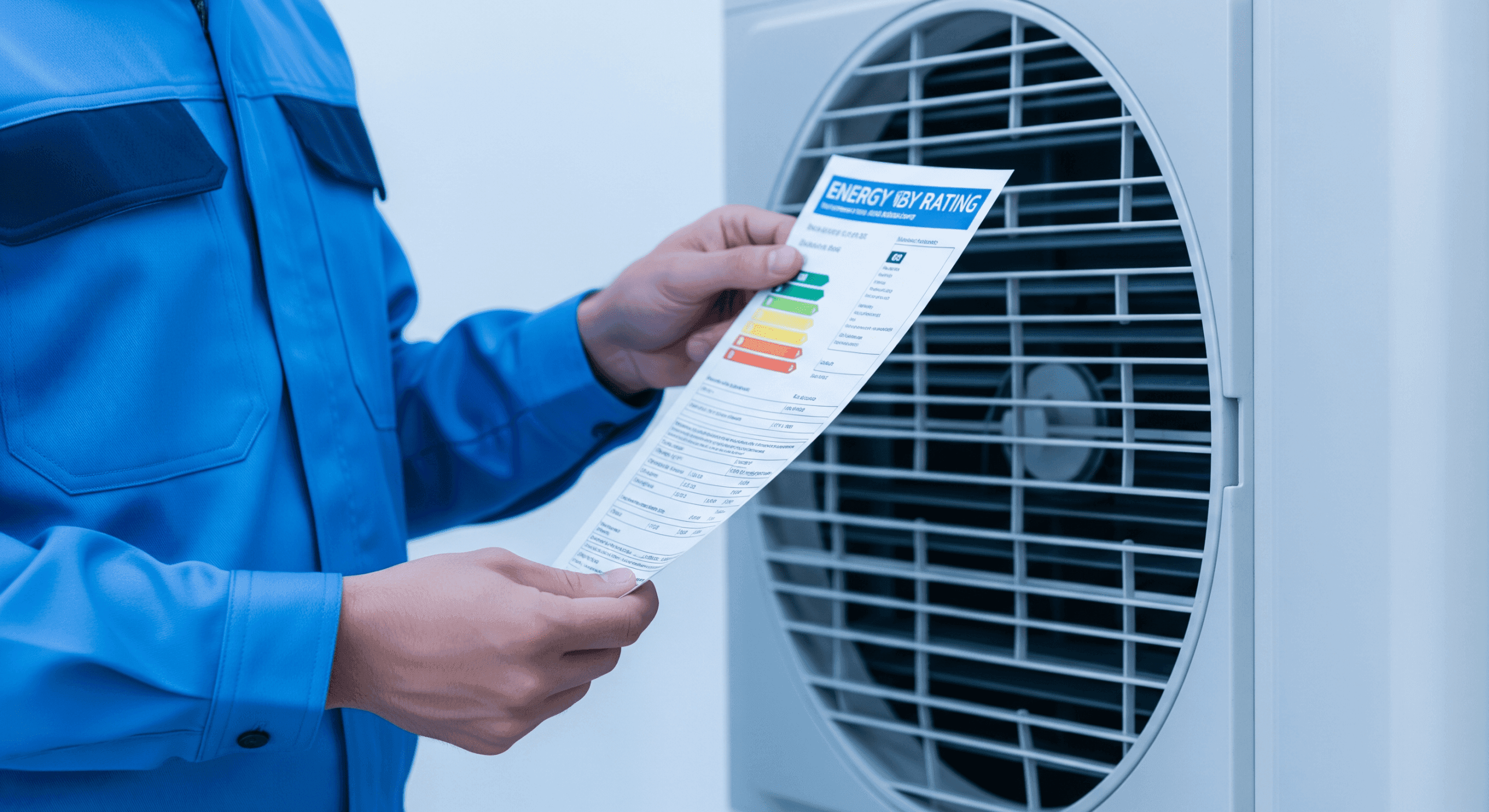 Technician holding energy efficiency rating sheet.