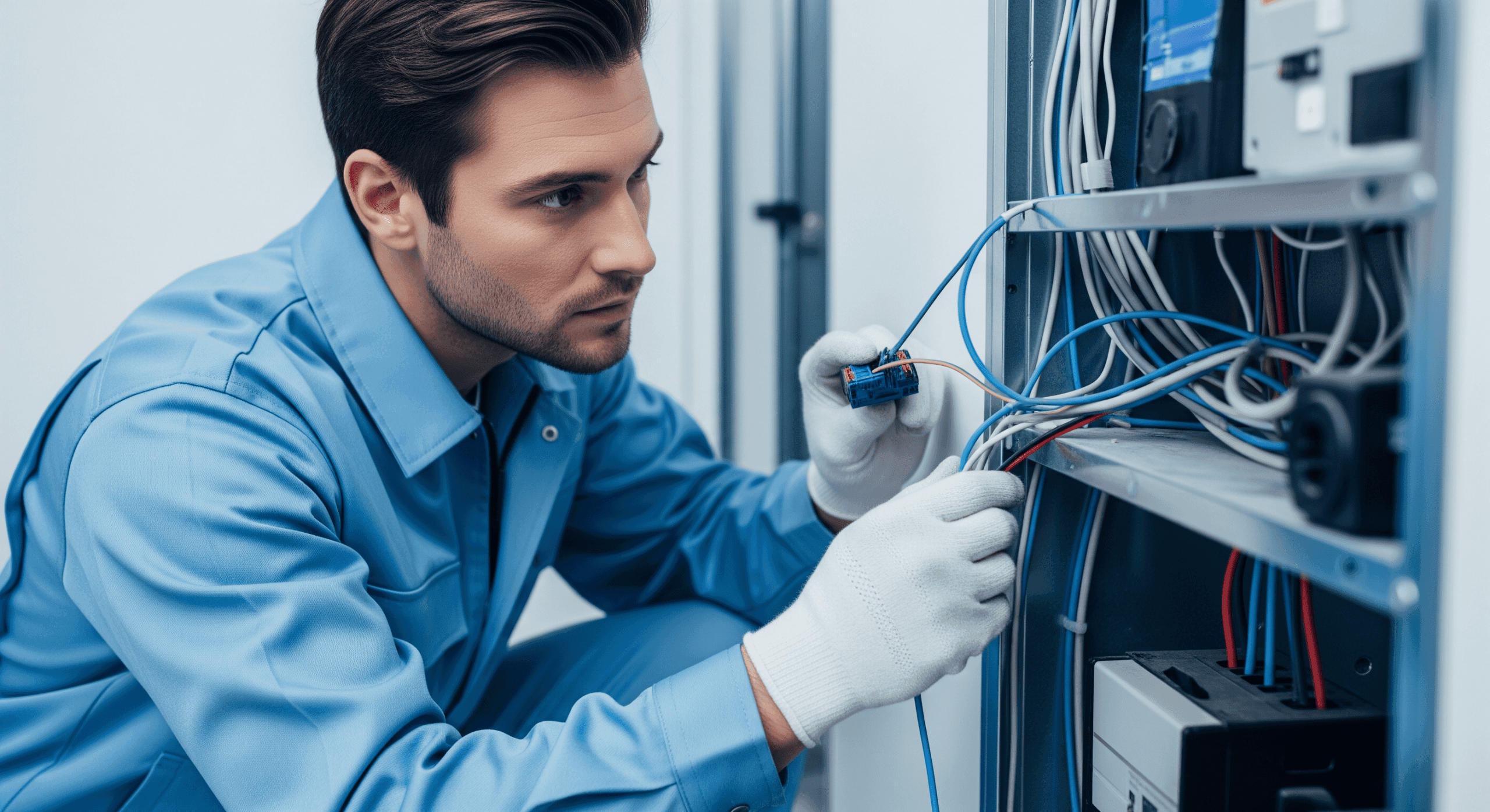 HVAC professional working on system wiring.