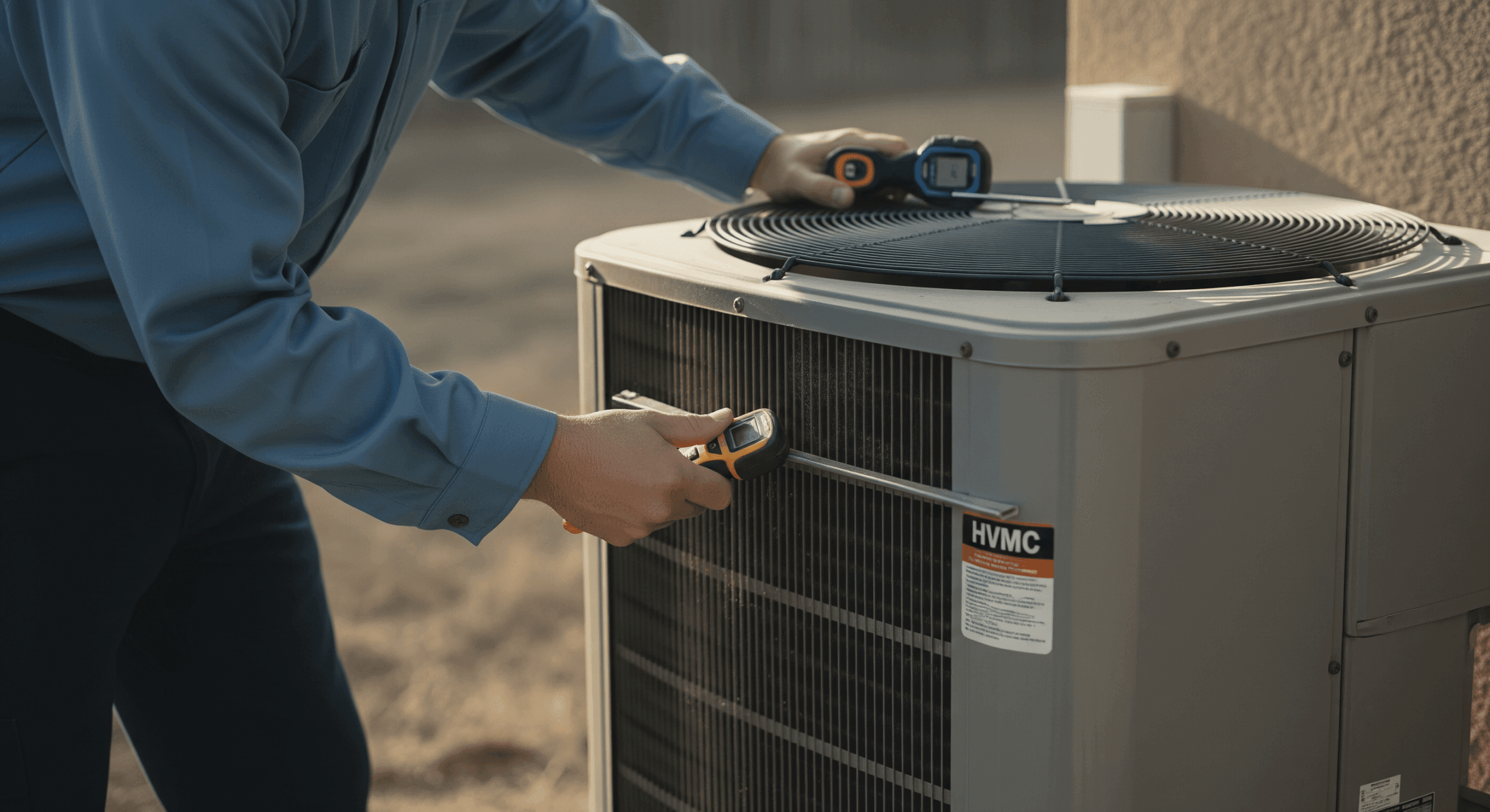 Technician using tools to inspect HVAC system in Albuquerque.