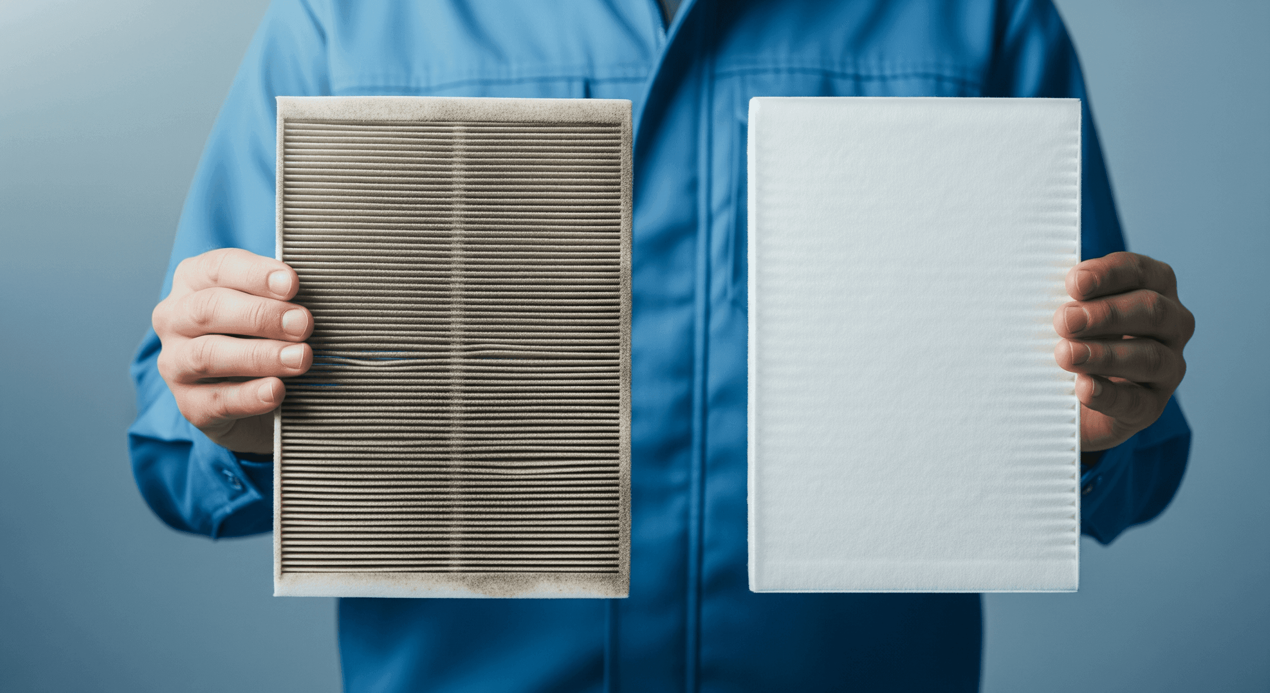 Technician displays clean and dirty air filters for allergy and smoke protection in Grass Valley