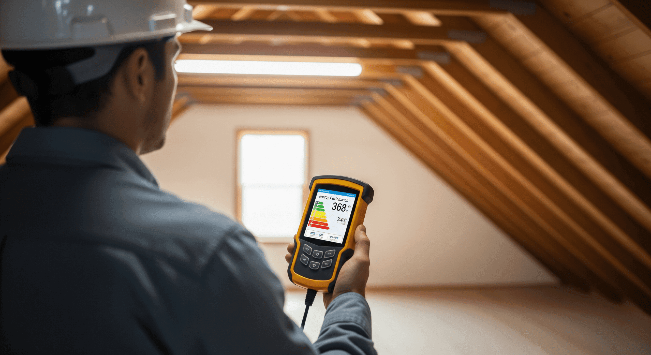 Technician conducting HERS testing with a performance meter in an attic