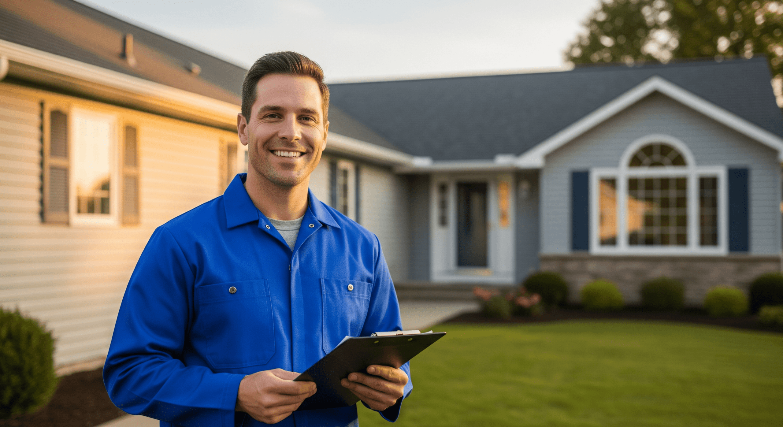 HVAC technician offering flexible financing options outside a residential home