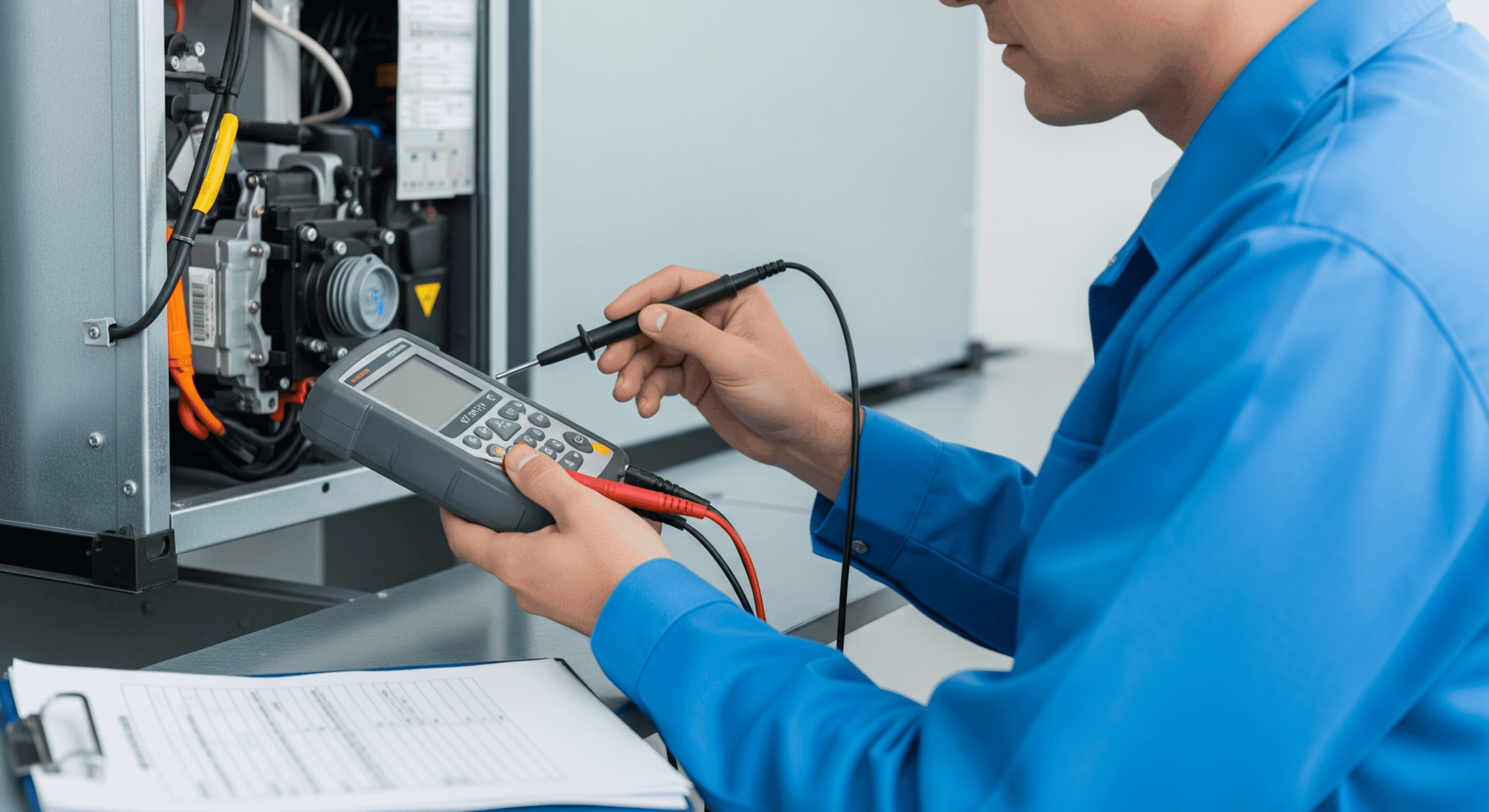 HVAC technician performing electrical test for HERS verification