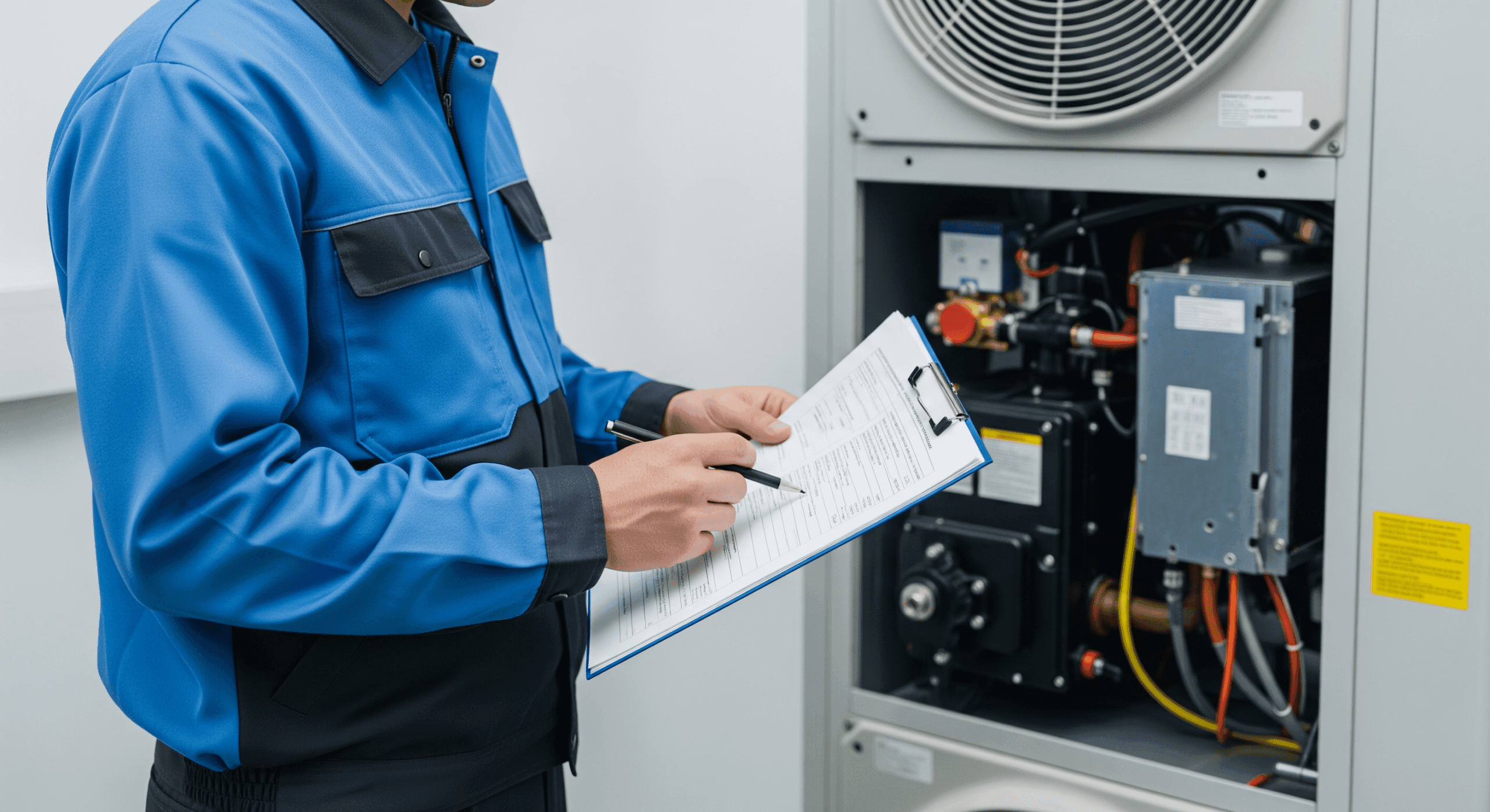 Technician verifying Title 24 compliance settings on HVAC control panel