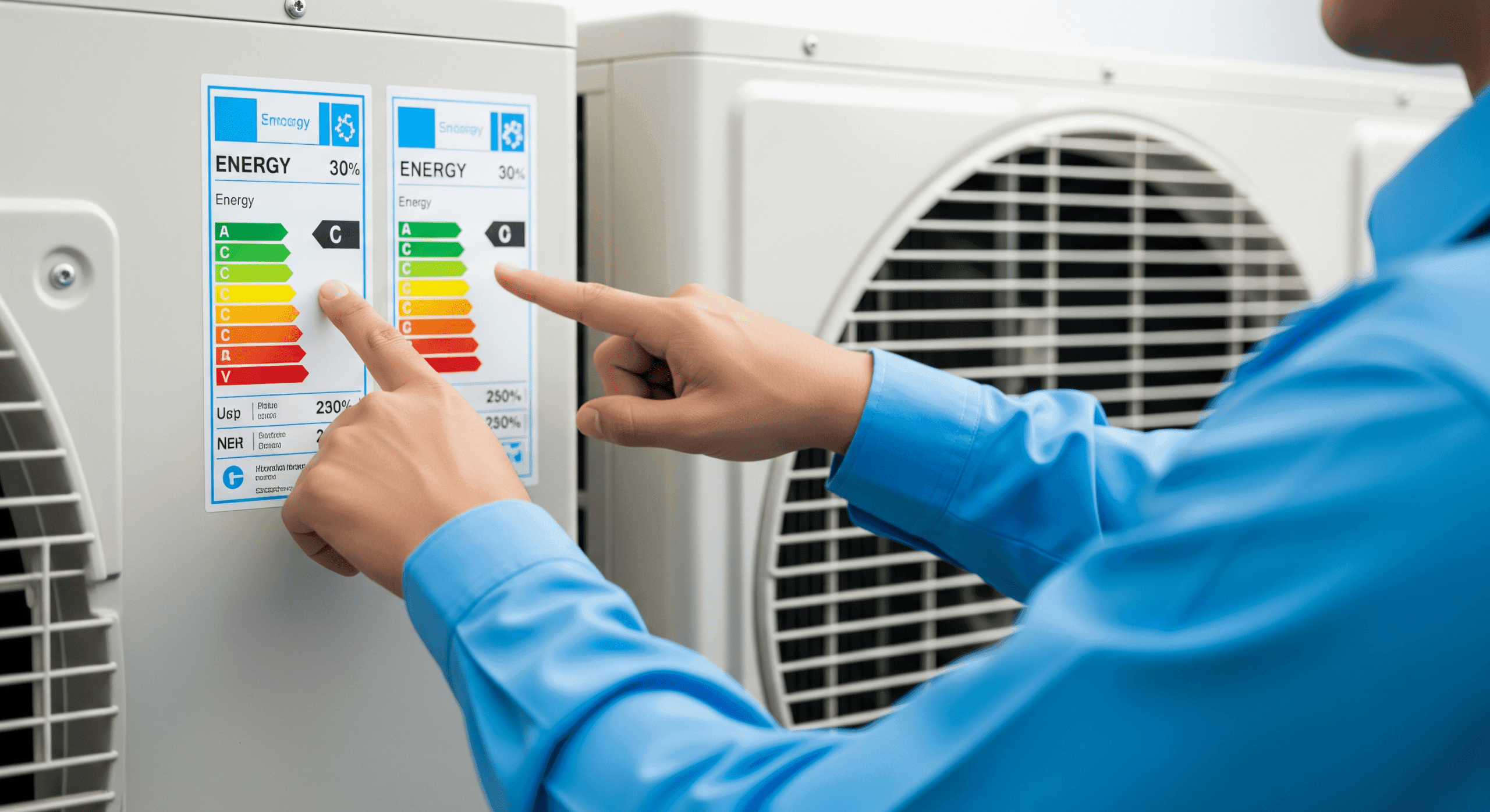 Technician pointing at energy efficiency SEER labels on AC unit