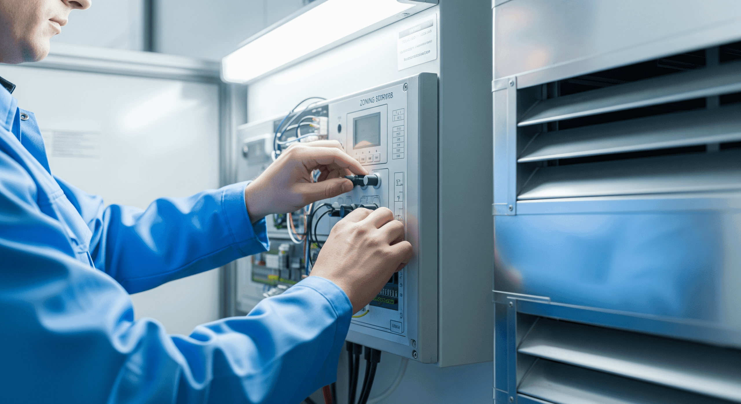 Technician adjusting zone control panel for multi-story home HVAC system