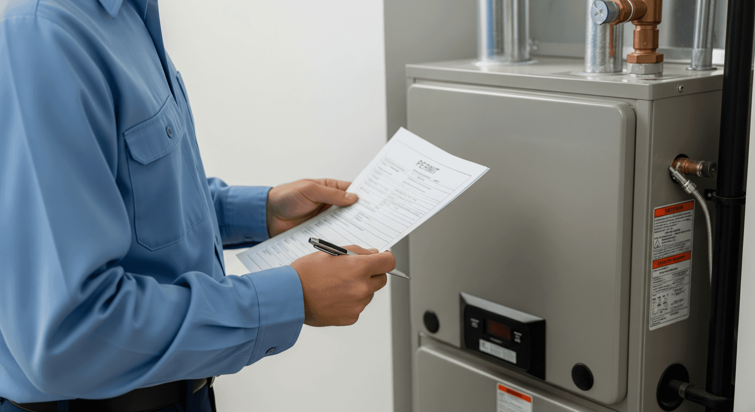 Technician reviewing HVAC permit during furnace installation in Grass Valley, CA