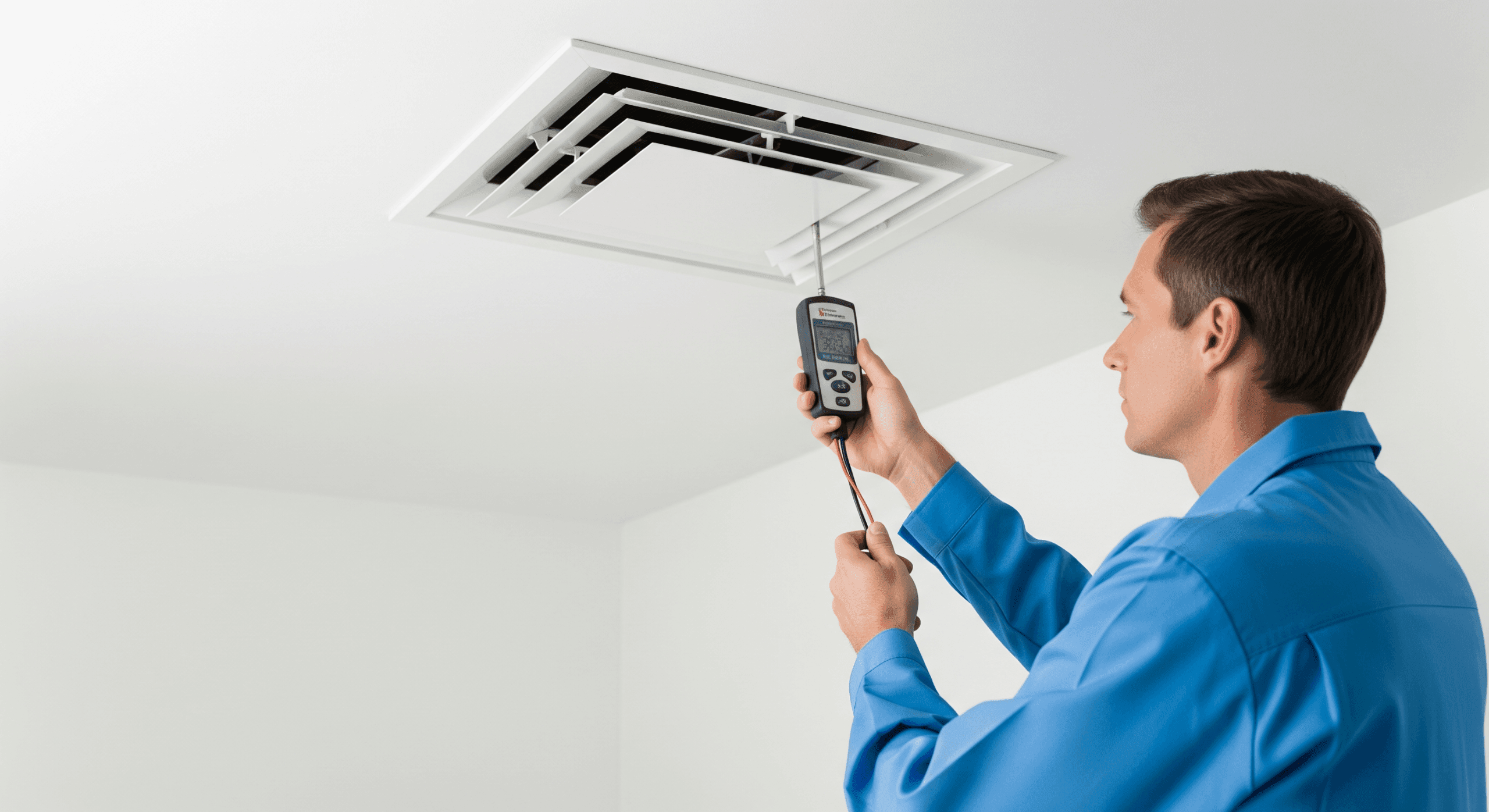 Technician testing air output from ceiling vent