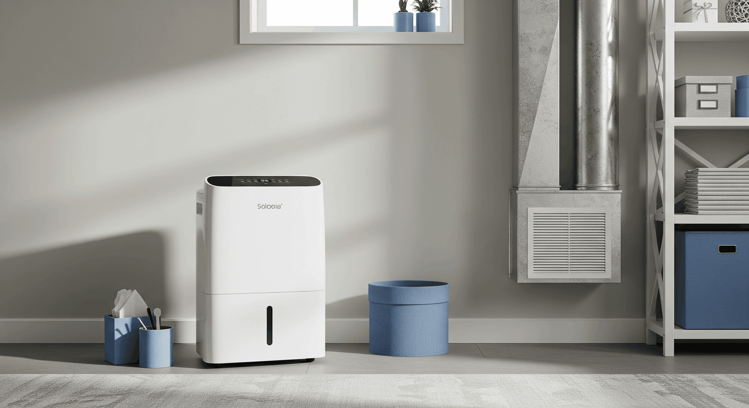 Whole-home dehumidifier installed near HVAC ductwork