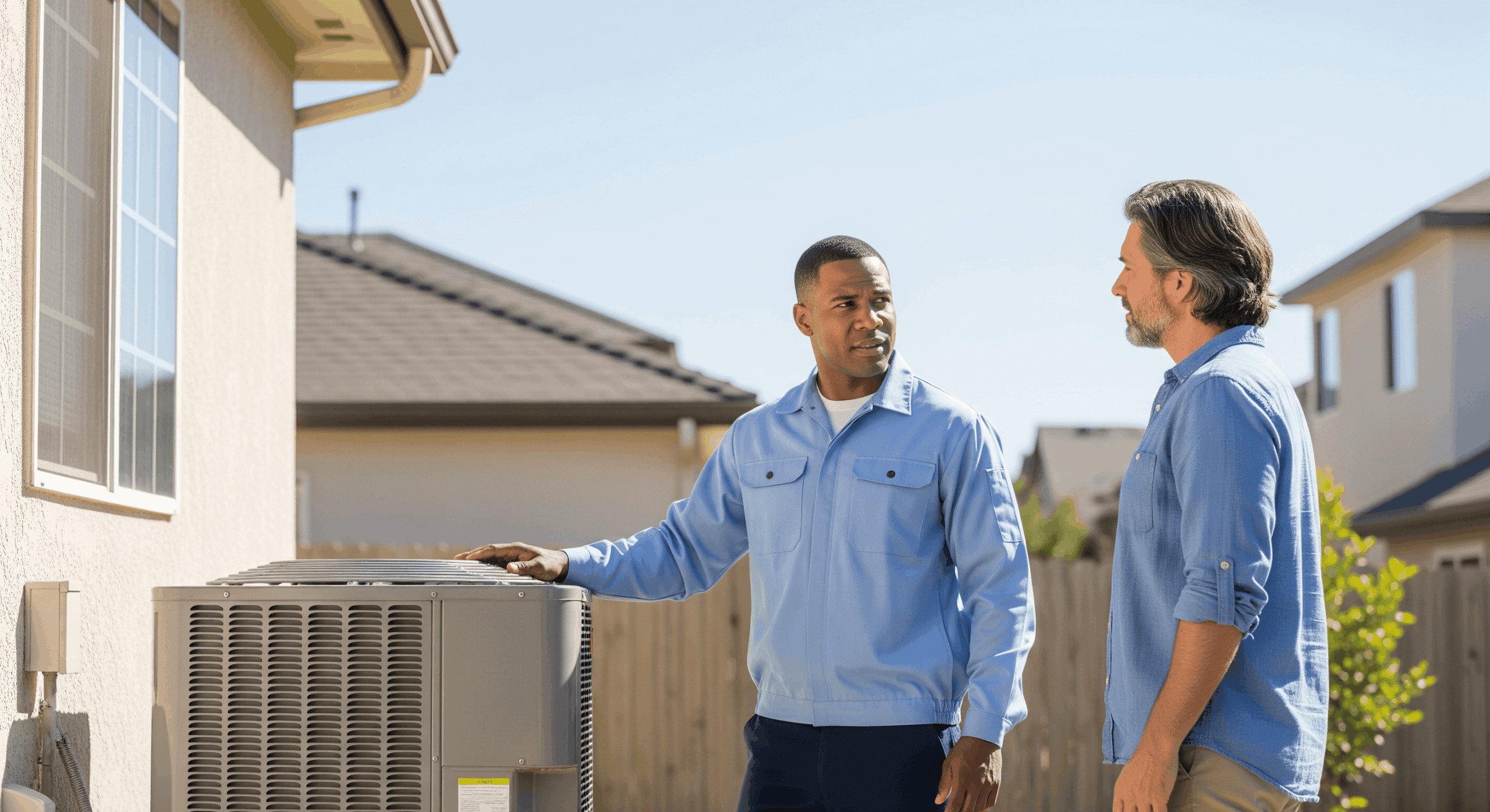 HVAC technician discussing system replacement during peak season